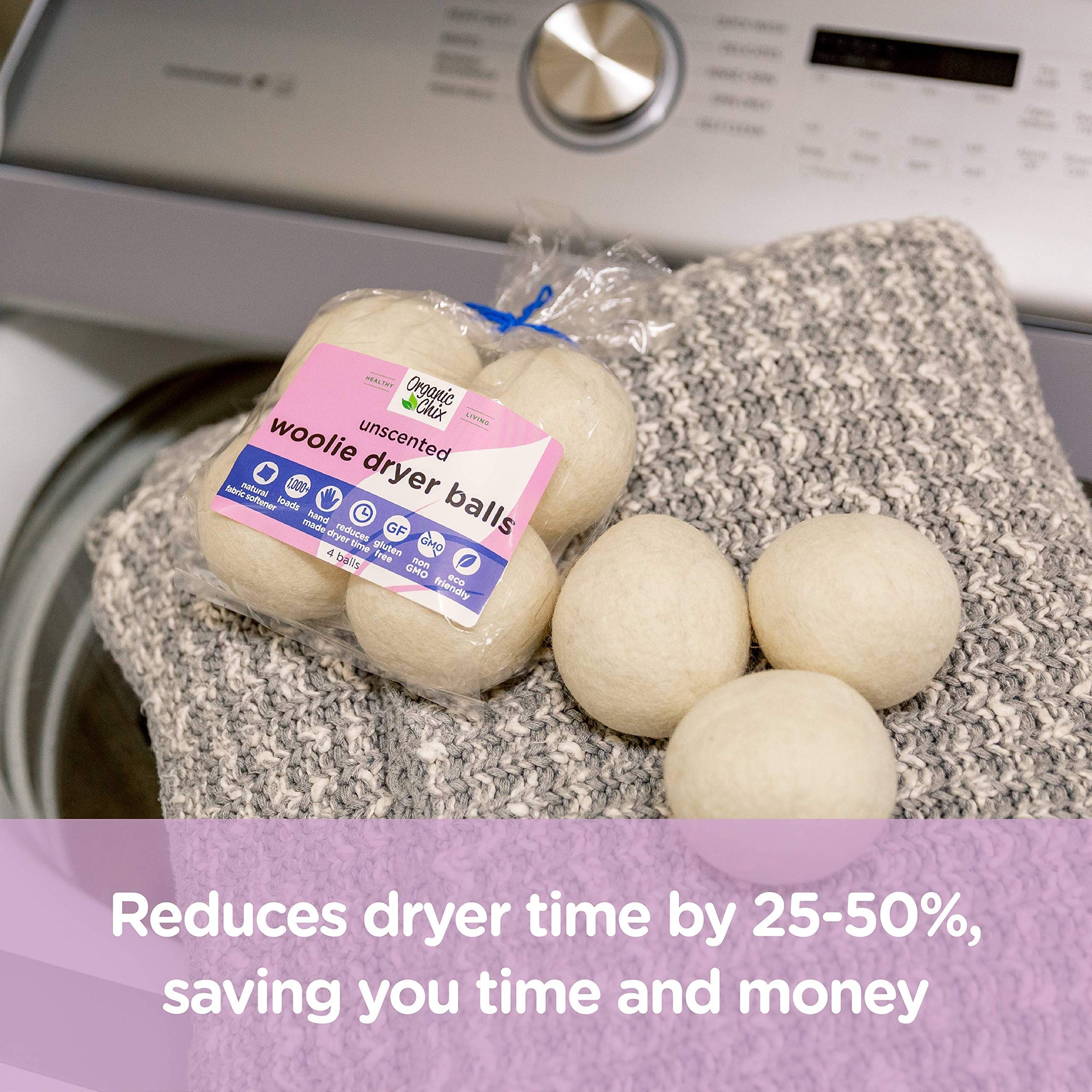 Organic Chix All Natural Unscented Dryer Balls - 100% Pure Wool, Reusable & Natural Alternative to Fabric Softener & Dryer Sheets - Handmade in USA