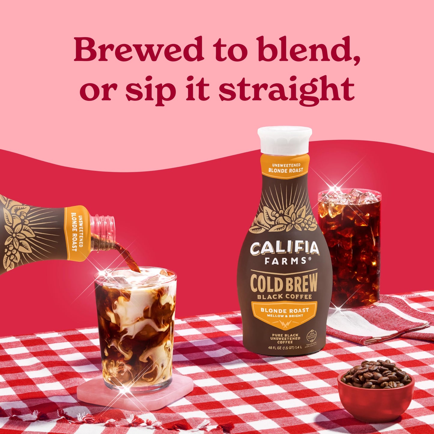Califia Farms - Pure Black Blonde Roast Cold Brew Coffee, 48 Oz, 100% Arabica, Plant Based, Vegan, Gluten Free, Non GMO, Sugar Free, Iced Coffee