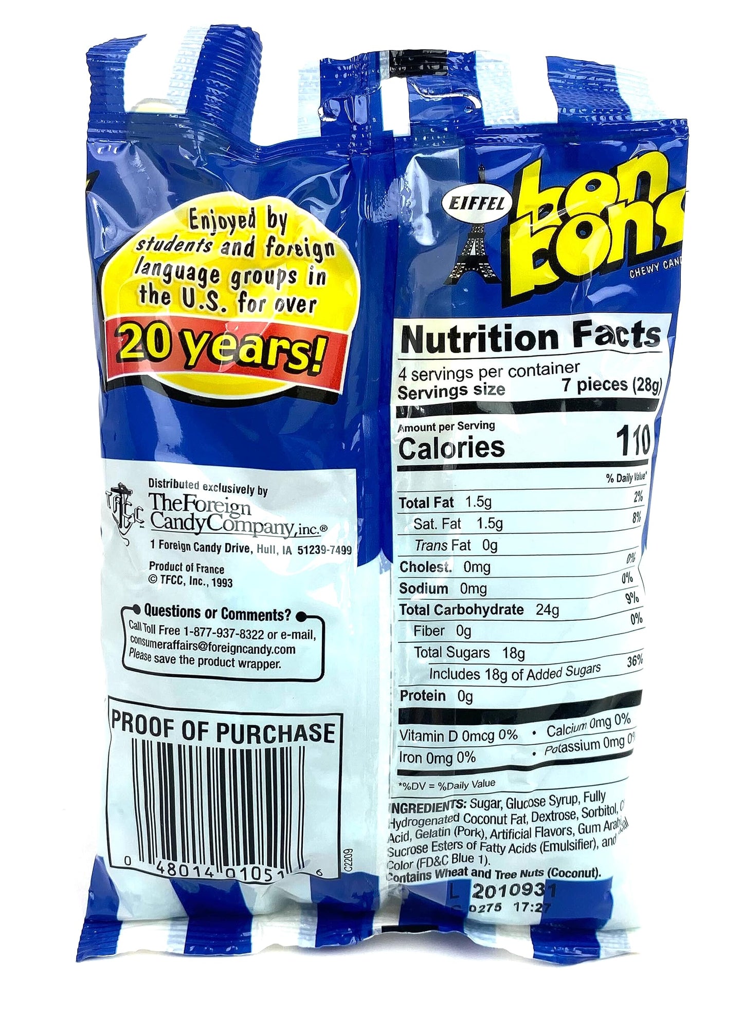 Eiffel Blue Raspberry Bon Bons Chewy Candy, 4 oz Bags in a BlackTie Box (Pack of 12)