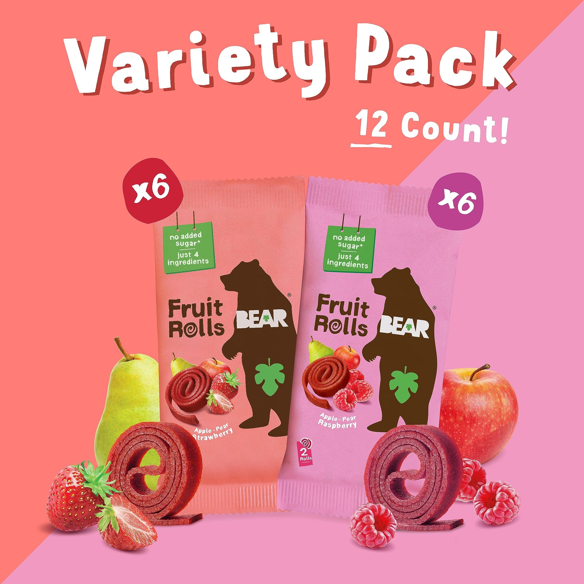Bear Strawberry Raspberry Fruit Rolls Variety Pack, 8.4 OZ