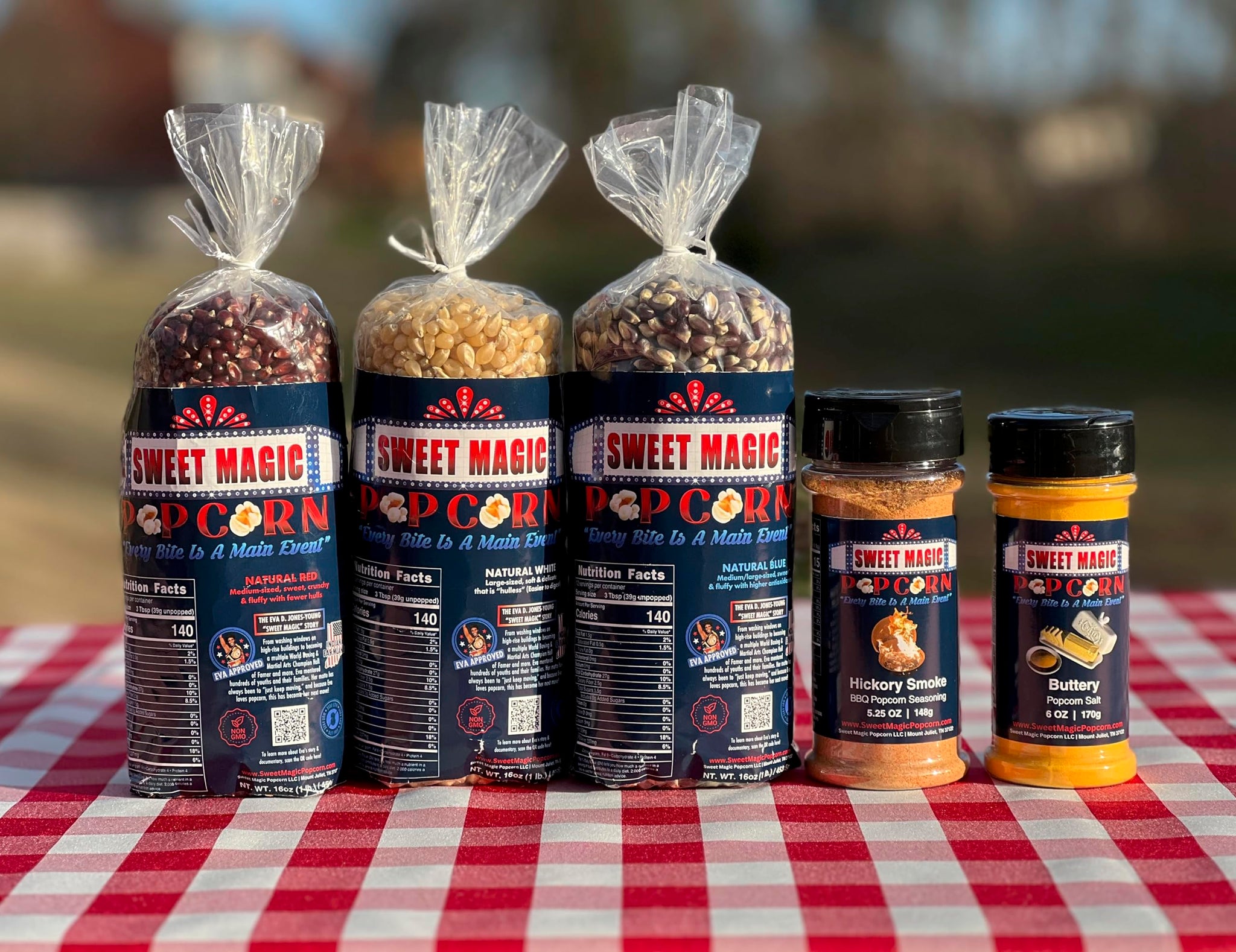 Sweet Magic Popcorn "The Patriot Package" - Kernels and Seasonings Variety Pack (set of 5) - 3 Non-GMO 16oz Popcorn Kernel Bags (Red, White and Blue)