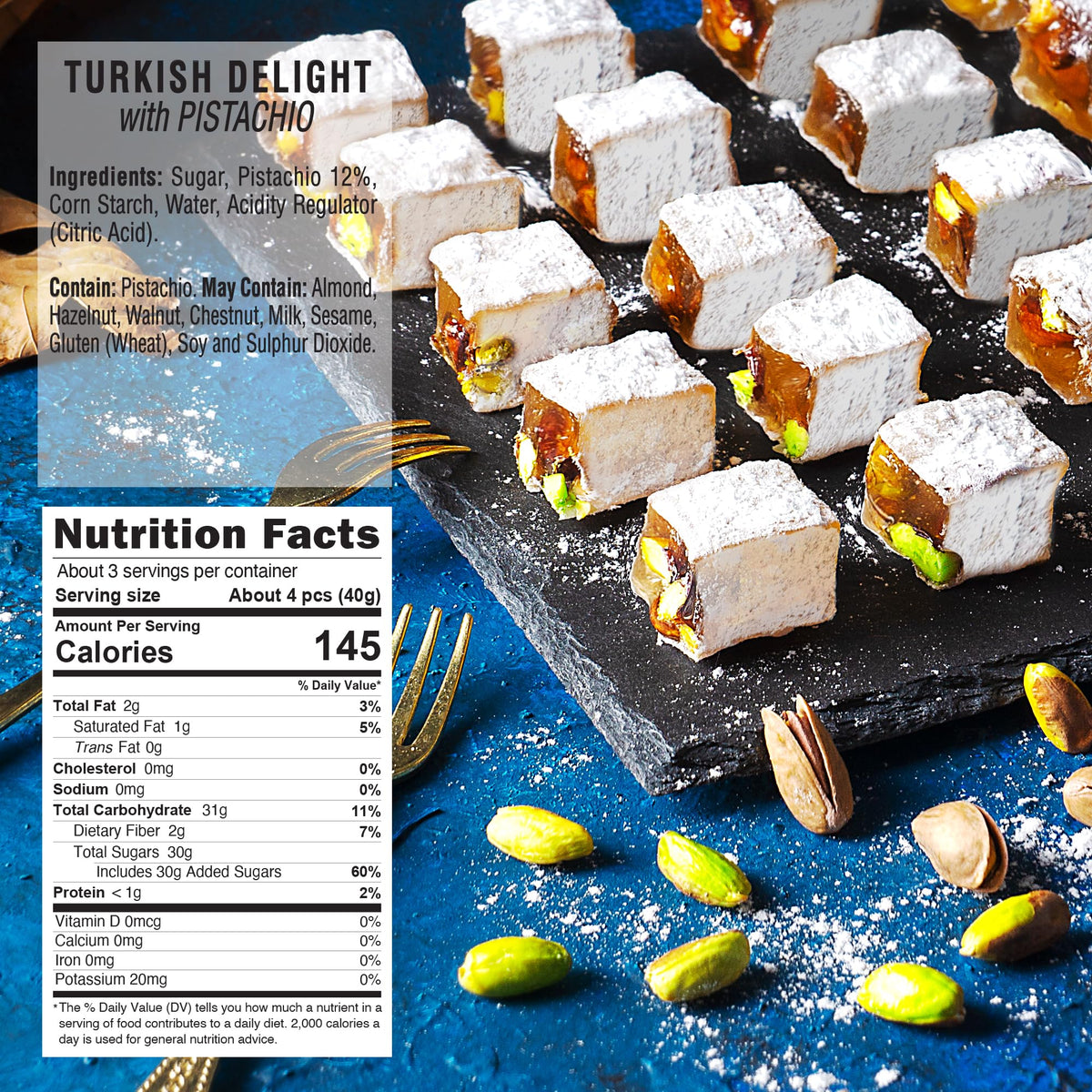 HazerBaba Turkish Delight Pistachio Candy, 3.5oz (Pack of 1), Dulces