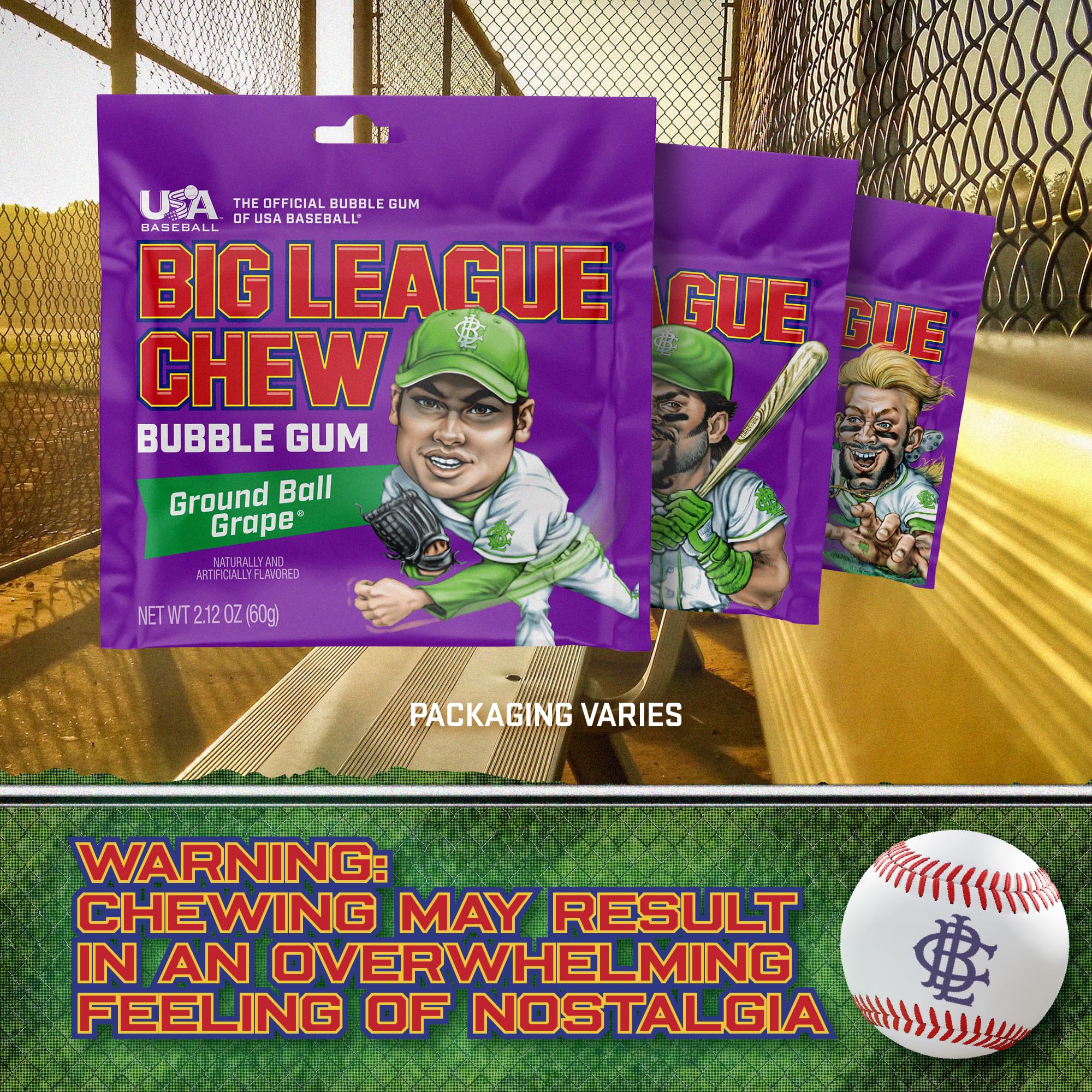 Big League Chew Grape Bubble Gum 3-Pack - 2.12oz Packets - Ground Ball Grape Baseball Gum - Big League Chew Baseball Candy Set for Treats, Party
