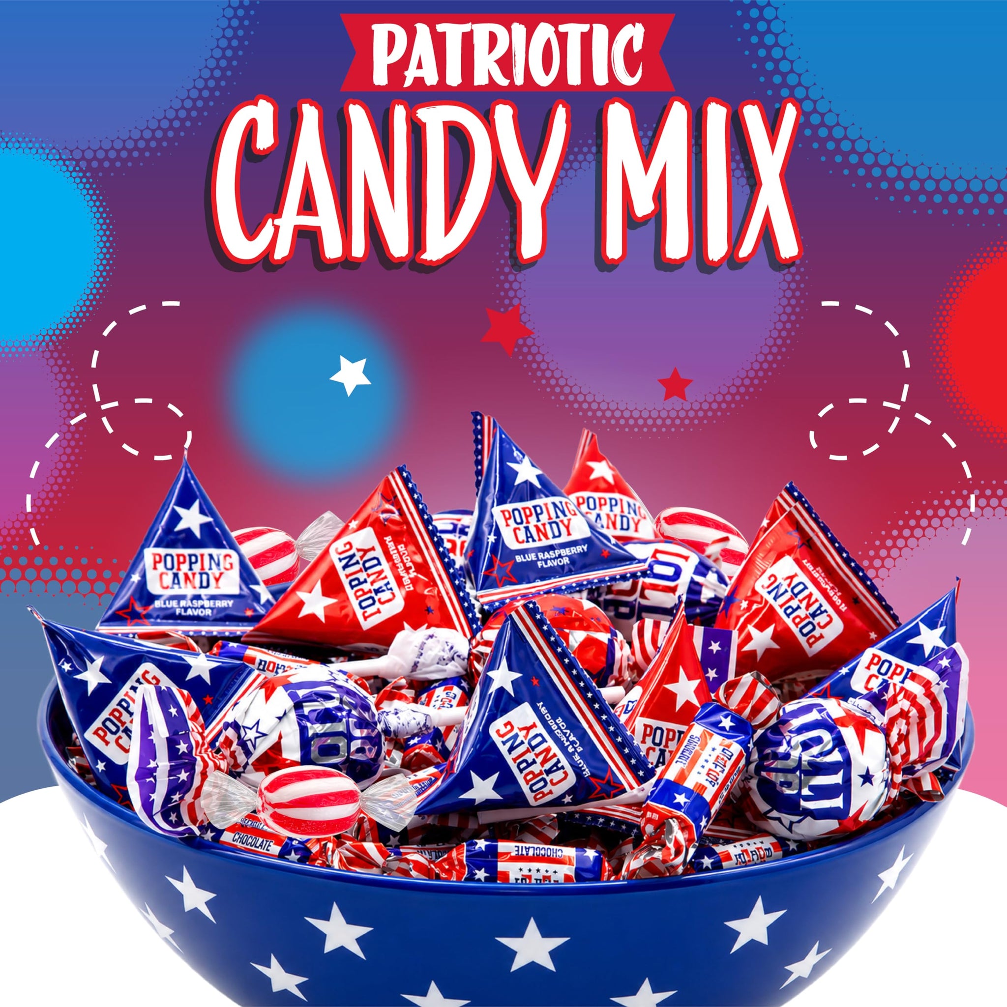 Patriotic Candy | 3-Pound Bag | 4th of July Candy Assortment Individually Wrapped | Popping Rocks, Lollipops, Chocolate Caramel Taffies
