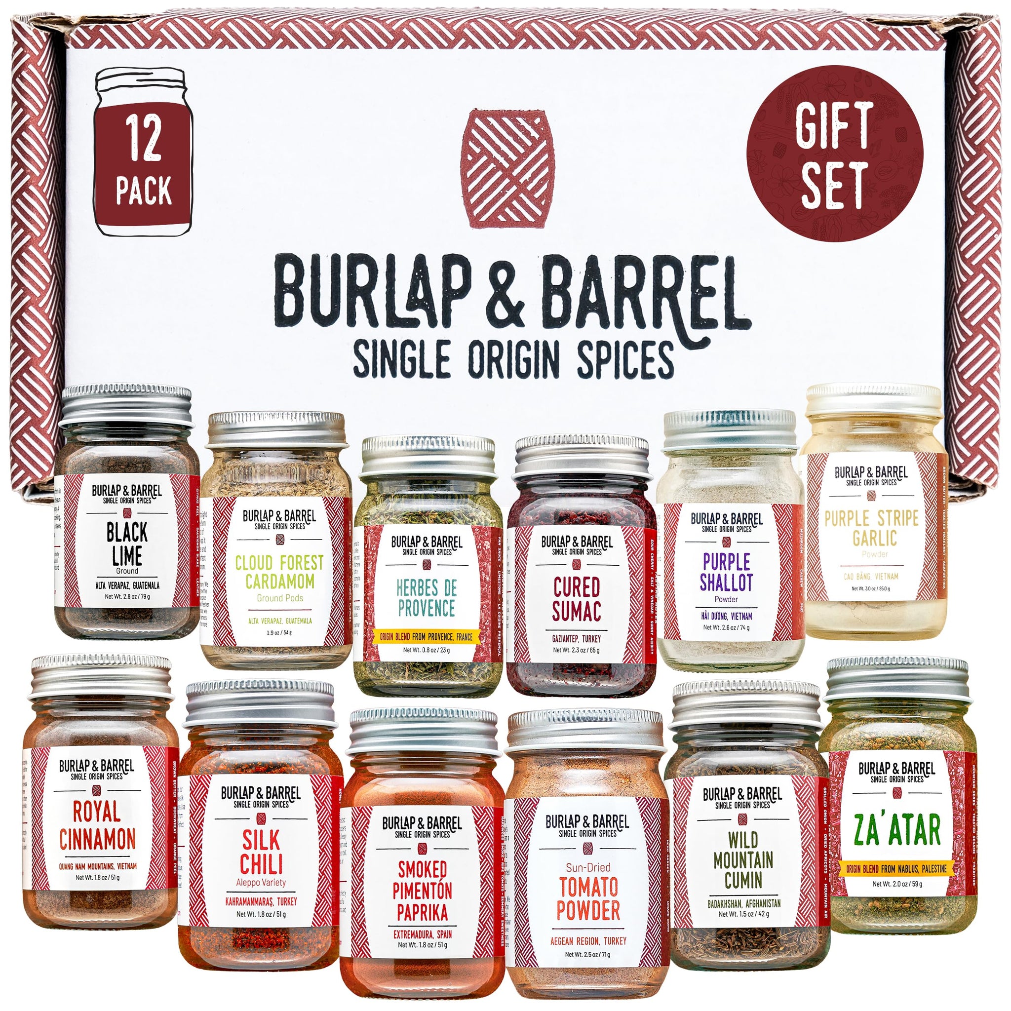 Burlap & Barrel 12-Pack Spice Gift Set - 12 Full-Size Jars of Favorite Spices for the Curious Cook - Includes Cinnamon, Garlic & More - As Seen On