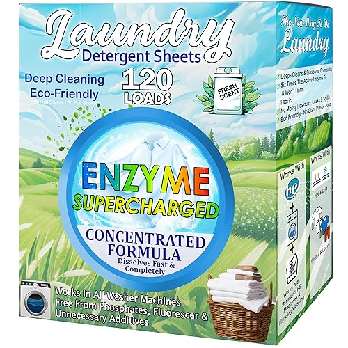Laundry Detergent Sheets (120 Loads) Eco-Friendly, Hypoallergenic, & Enzyme-Based Powerful Stain Removal - Convenient for Travel & Space-Saving