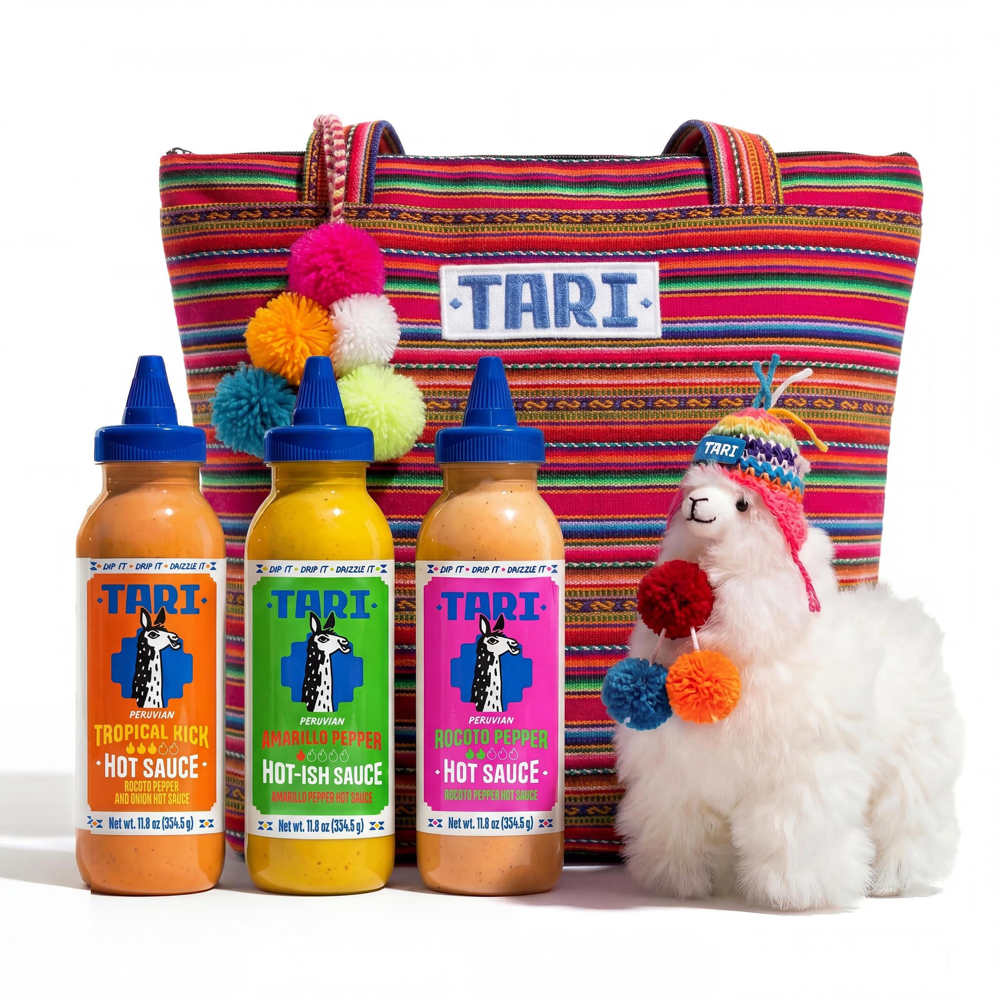Tari Hot Sauce Llama Pack - Hot Sauce Variety Pack with Aji Rocoto, Aji Amarillo, Tropical Kick 11.8oz each - Comes with Gift Tote Bag & Llama Toy
