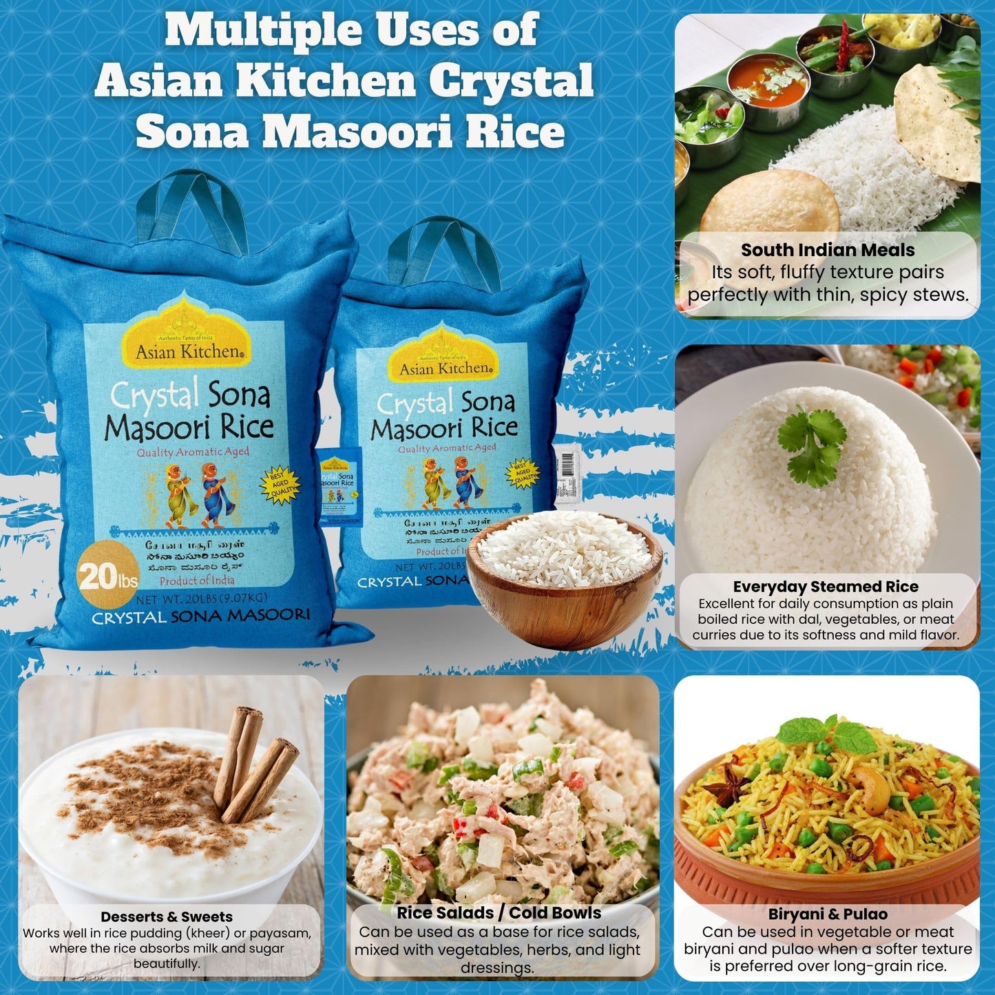 Asian Kitchen Crystal Sona Masoori Aged Rice 20-Pound Bag, 20lbs (9.08kg) Short Grain Rice ~ All Natural | Gluten Friendly | Vegan | Indian Origin |