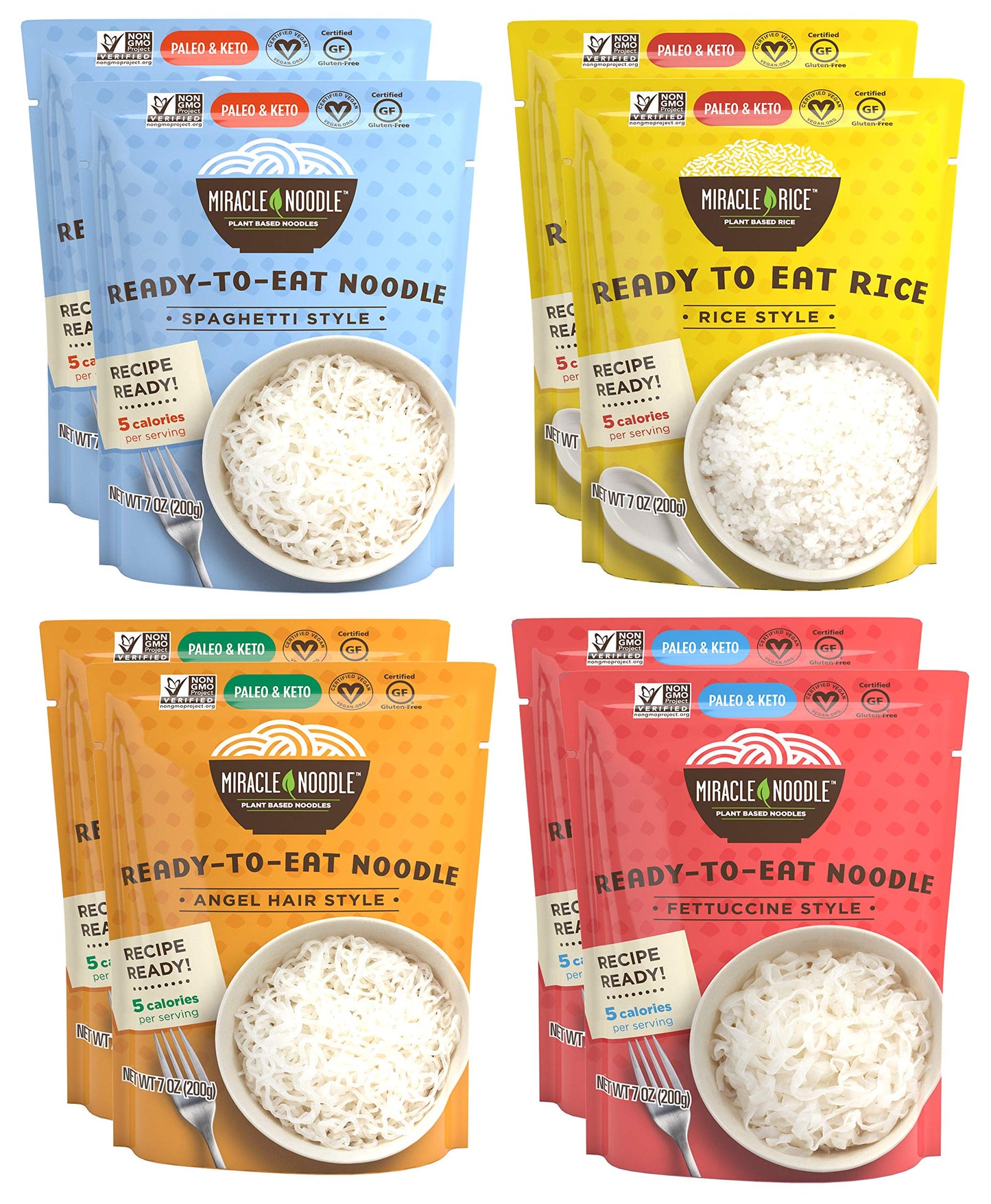 Miracle Noodle Ready to Eat Variety Pack, 7 Oz (Pack of 8), Angel Hair, Fettuccine, Spaghetti & Rice, Plant Based Shirataki Konjac Noodles, 5