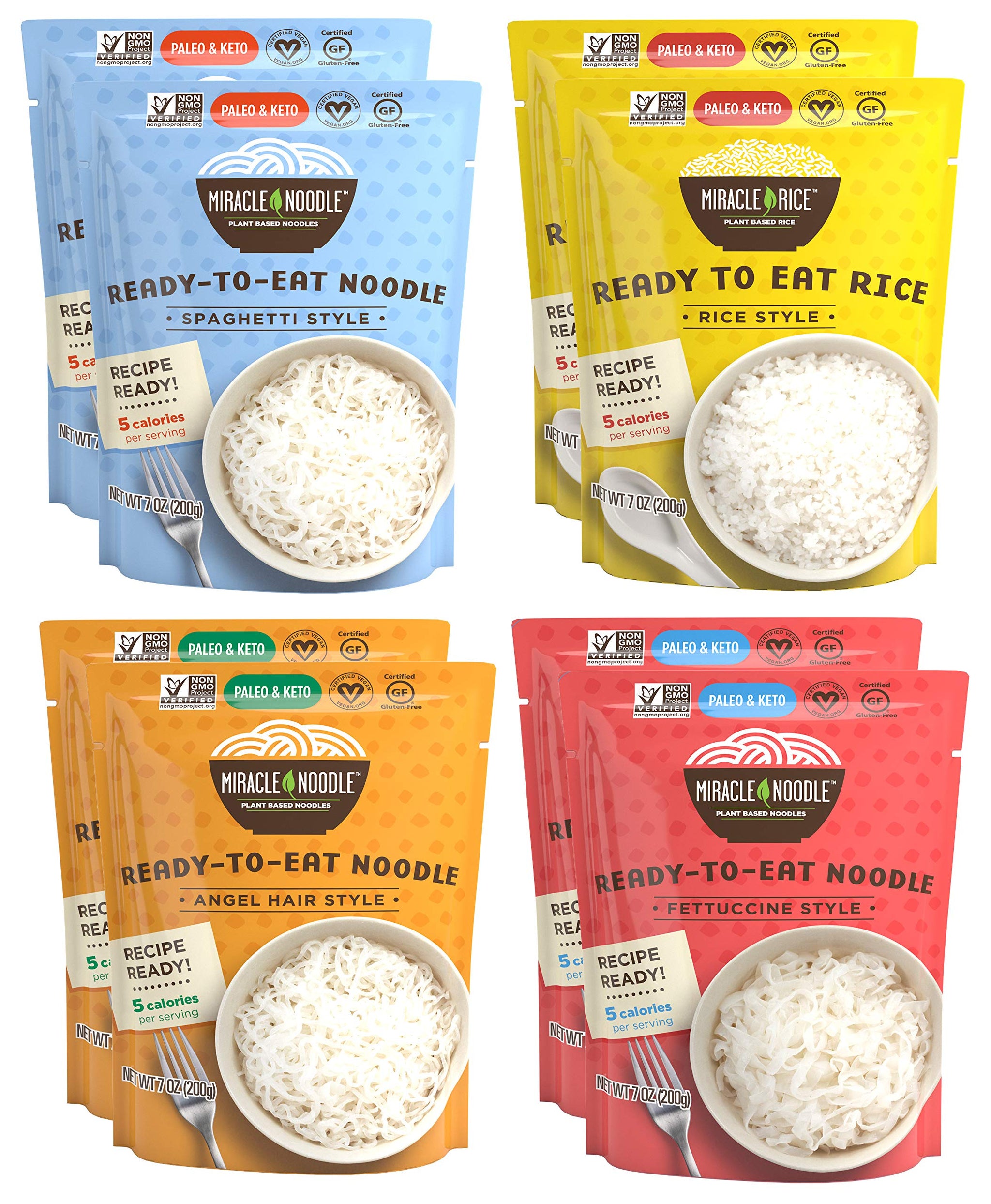 Miracle Noodle Ready to Eat Variety Pack, 7 Oz (Pack of 8), Angel Hair, Fettuccine, Spaghetti & Rice, Plant Based Shirataki Konjac Noodles, 5