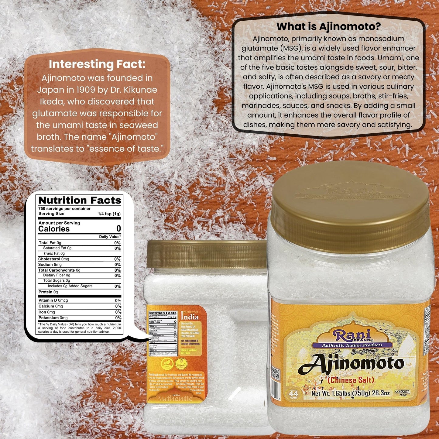 Rani Ajinomoto (Chinese Salt) 26.3oz (1.65lbs) 750g PET Jar ~ Umami Seasoning, Perfect for stir-frying, roasting, soups, salads & dressings | Gluten