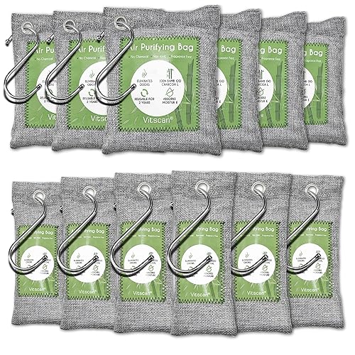 12 Pack Bamboo Air Purifying Bag, Activated Charcoal Bags Odor Absorber, Moisture Absorber, Natural Car Air Freshener, Shoe Deodorizer, Odor