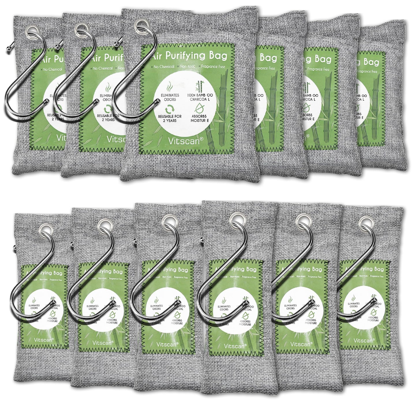 12 Pack Bamboo Air Purifying Bag, Activated Charcoal Bags Odor Absorber, Moisture Absorber, Natural Car Air Freshener, Shoe Deodorizer, Odor