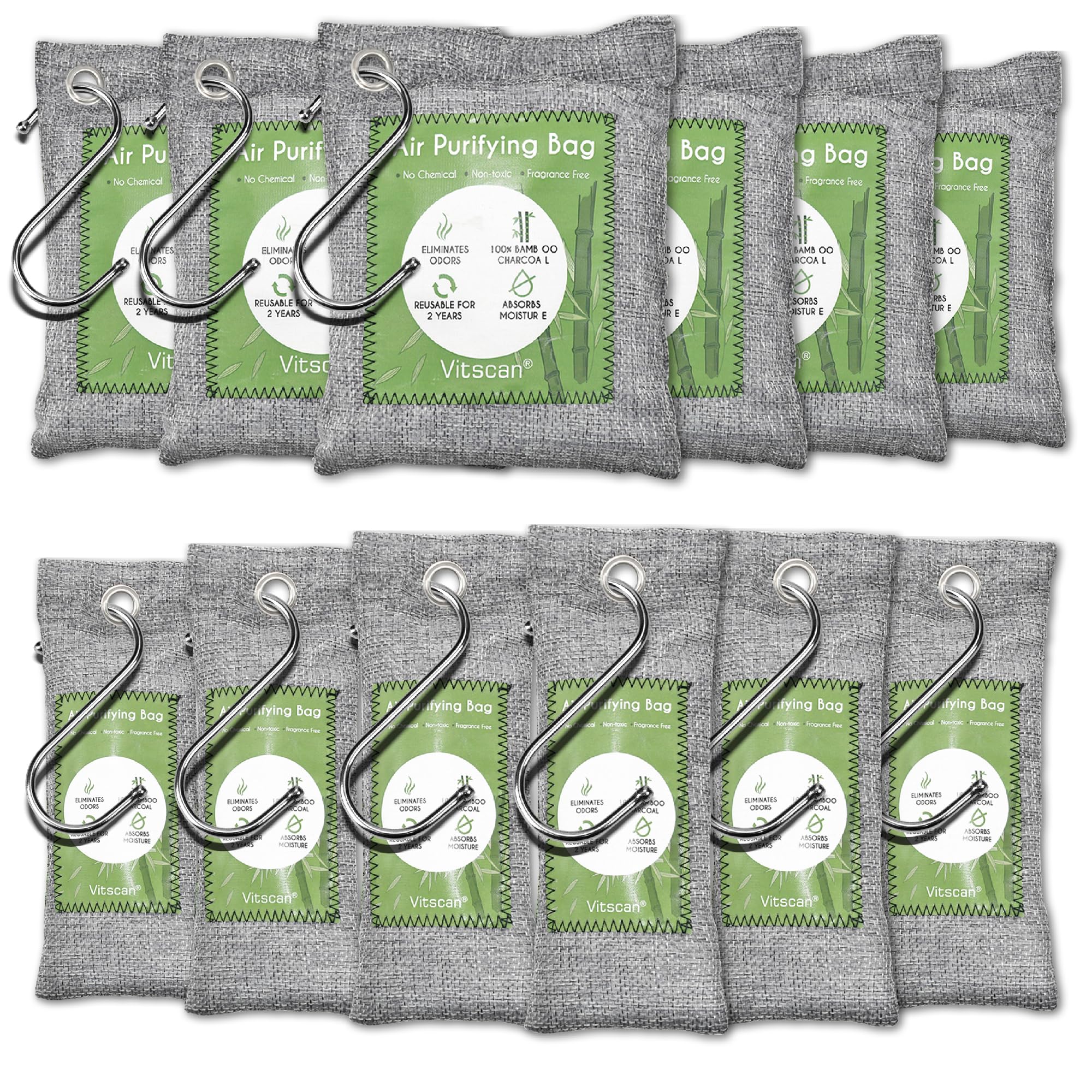 12 Pack Bamboo Air Purifying Bag, Activated Charcoal Bags Odor Absorber, Moisture Absorber, Natural Car Air Freshener, Shoe Deodorizer, Odor