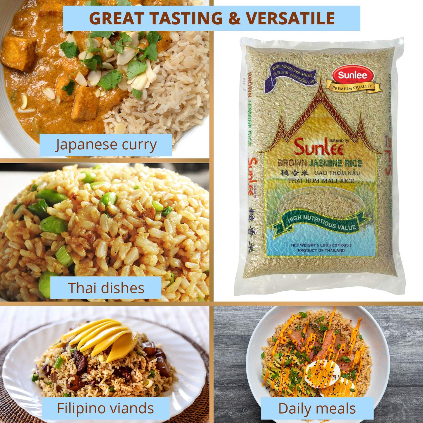 Sunlee Brown Jasmine Rice - 5 lbs Long Grain Brown Rice, Fragrant Aroma, Great for Vegans & Vegetarians, Naturally Gluten-Free