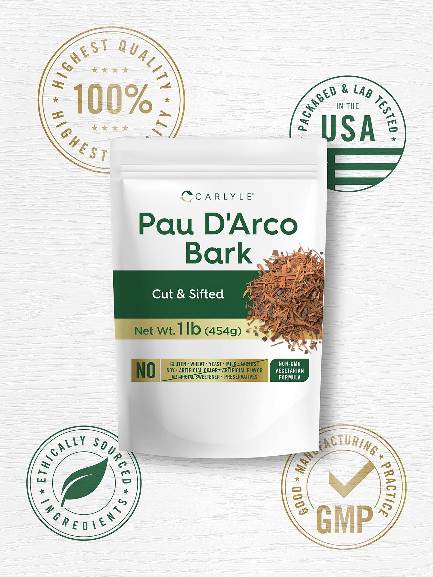 Carlyle PAU D'Arco Bark 1 lb Bag | Cut & Sifted | Vegetarian | Non-GMO, Gluten Free | Bulk Size