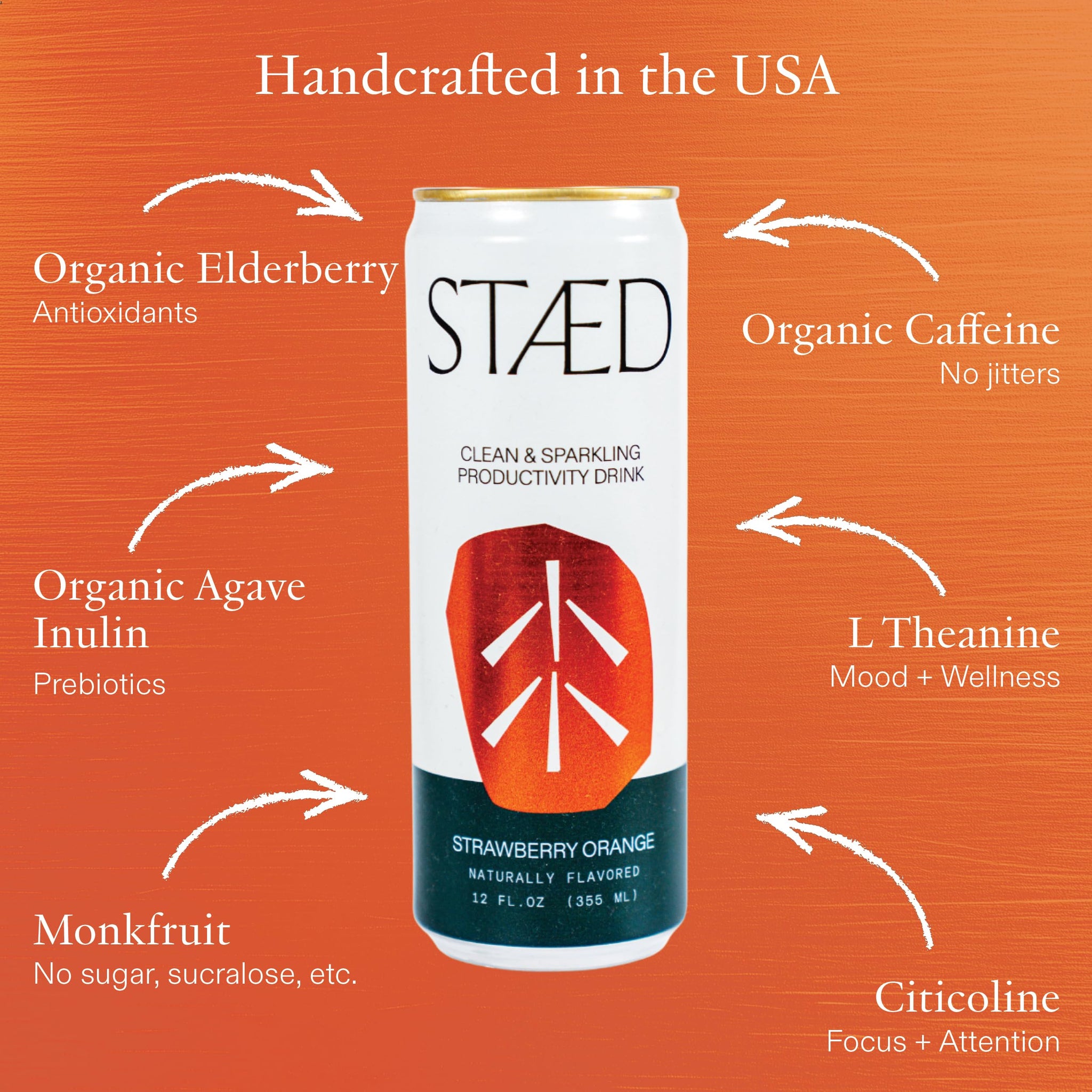 STAED Organic Energy Drinks, Clean Natural Productivity Drink with Cognizin® Citicoline & L-Theanine, Sparkling Functional Beverage, Clean Caffeine