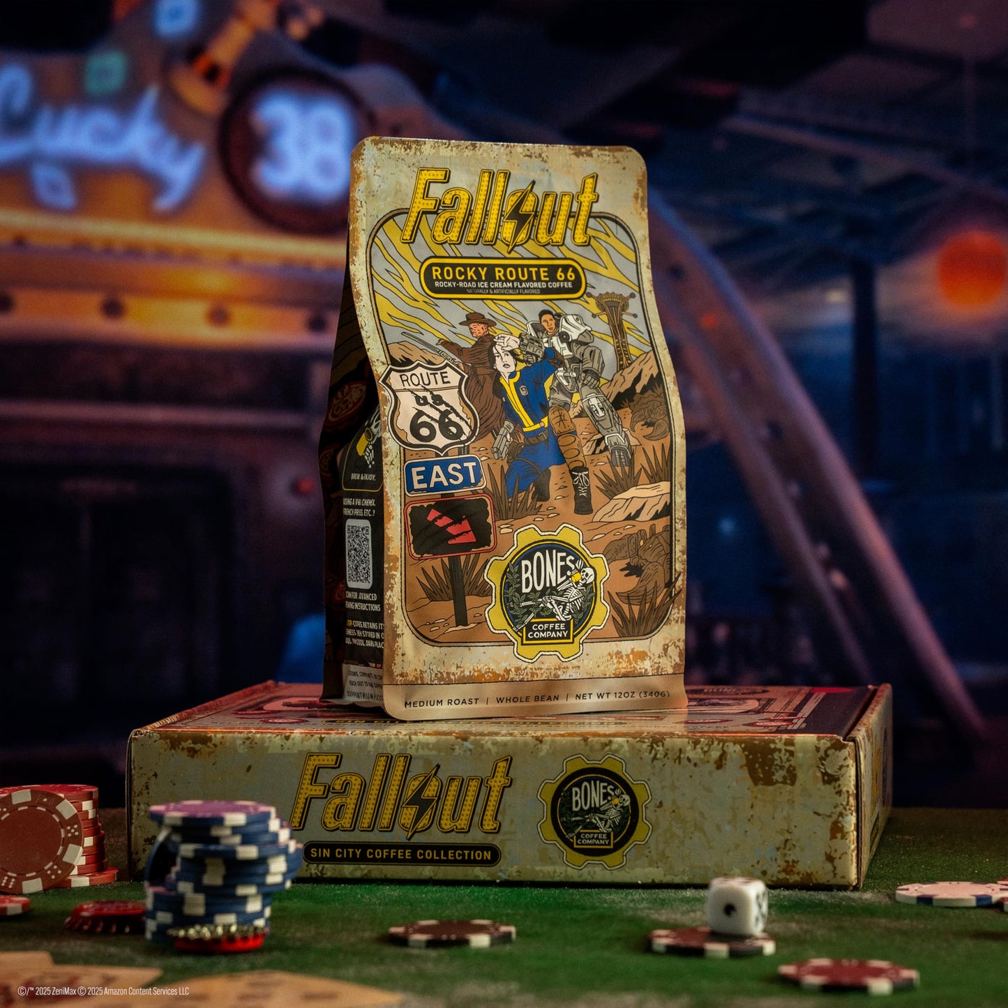 Bones Coffee Company Fallout Rocky Route 66, Rocky Road Flavored Coffee, Medium Roast Low Acid Arabica Beans Compatible with Auto drip and French