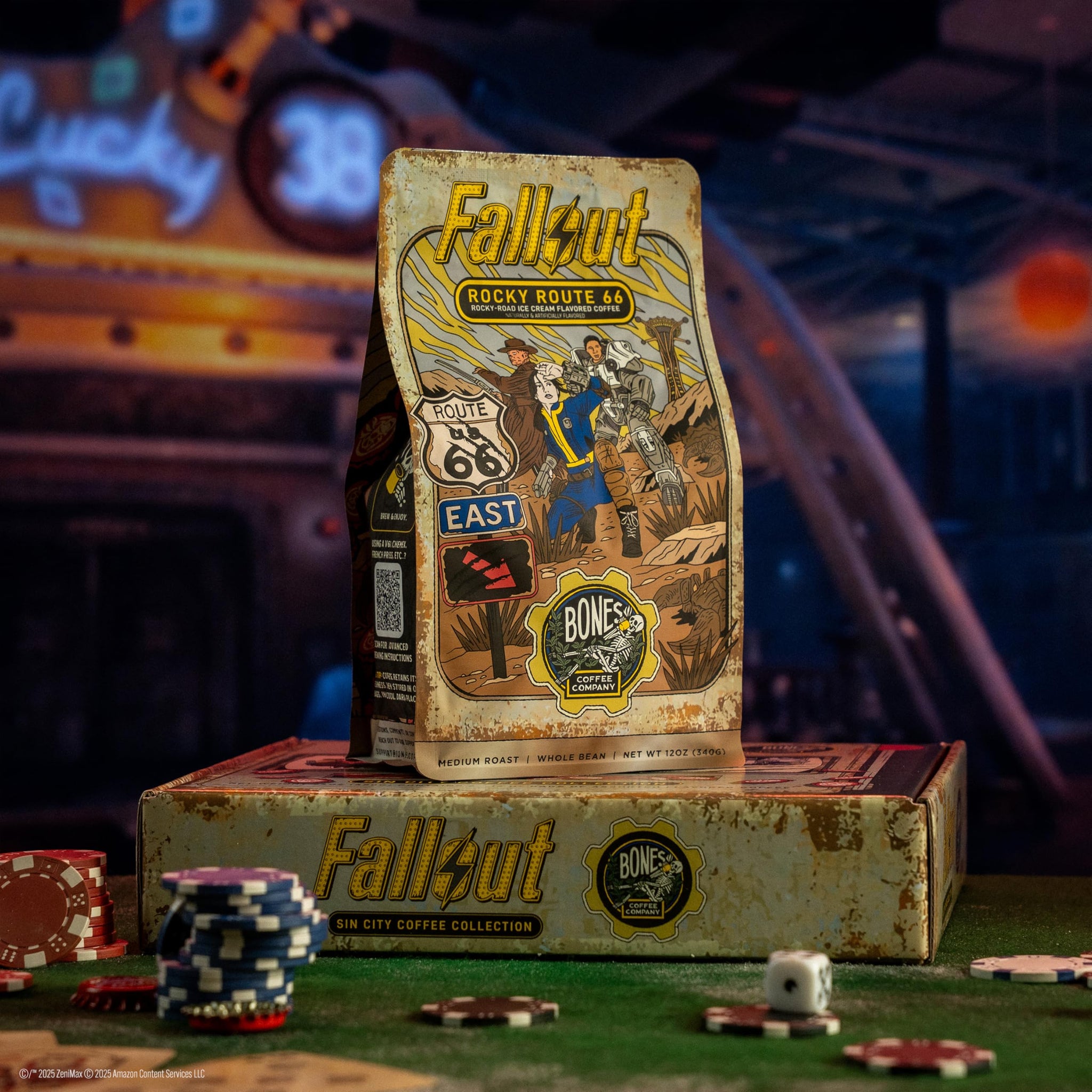 Bones Coffee Company Fallout Rocky Route 66, Rocky Road Flavored Coffee, Medium Roast Low Acid Arabica Beans Compatible with Auto drip and French