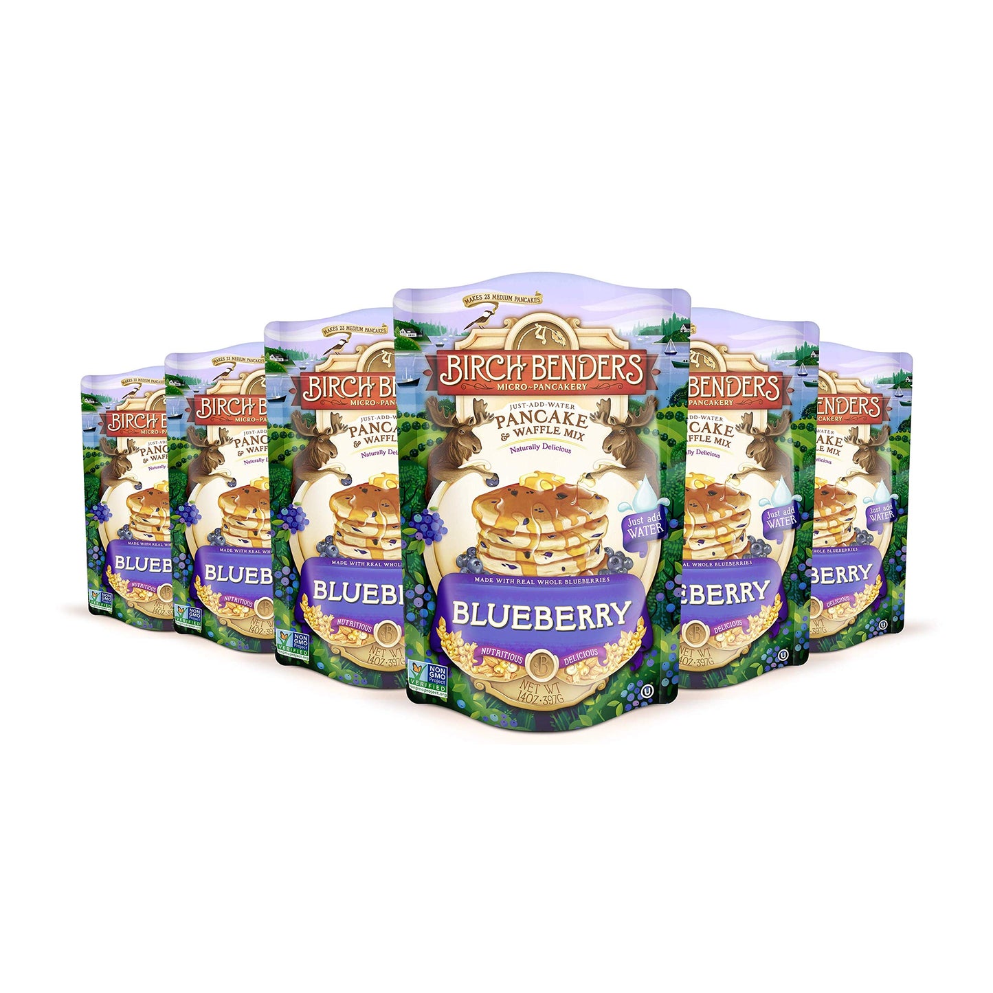 Blueberry Pancake & Waffle Mix By Birch Benders, Made With Real Blueberries, Non-Gmo, Just Add Water, Family Size, 14 Oz (Pack of 6)