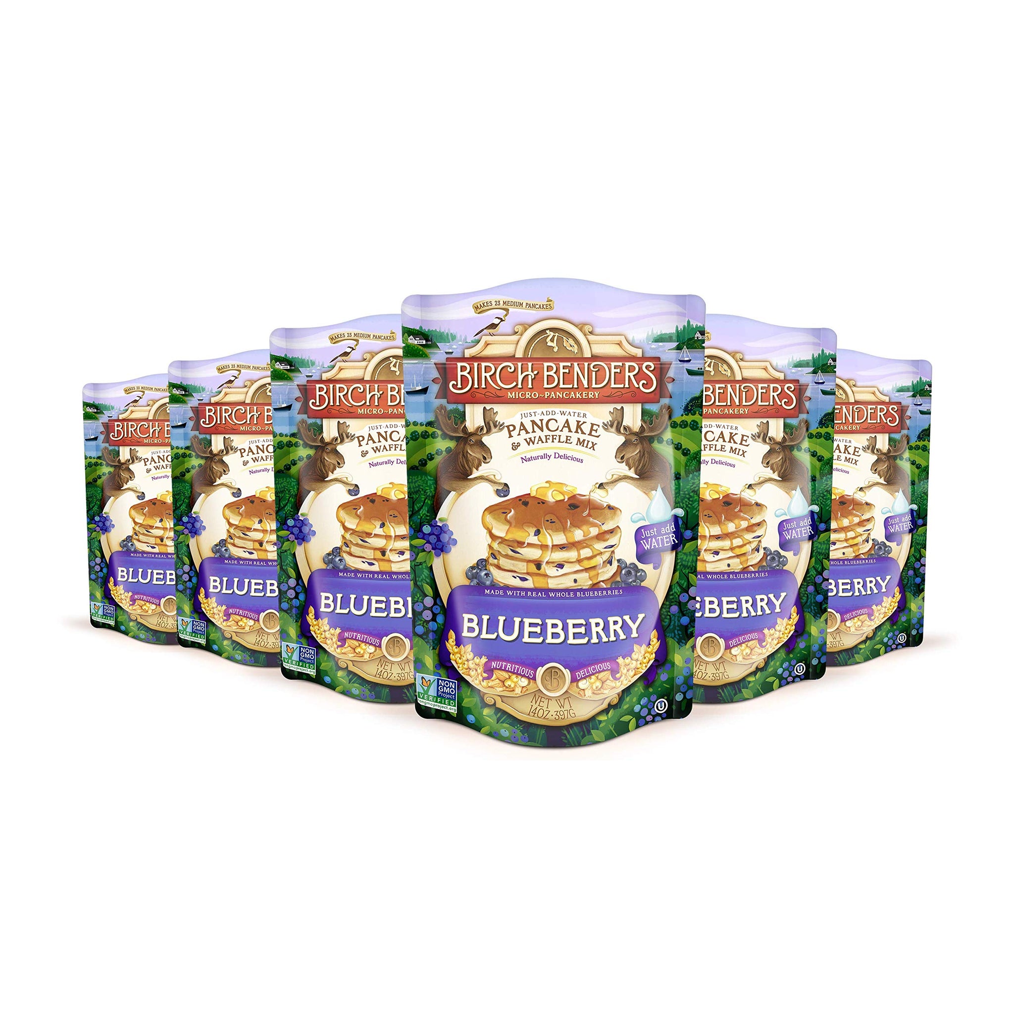 Blueberry Pancake & Waffle Mix By Birch Benders, Made With Real Blueberries, Non-Gmo, Just Add Water, Family Size, 14 Oz (Pack of 6)