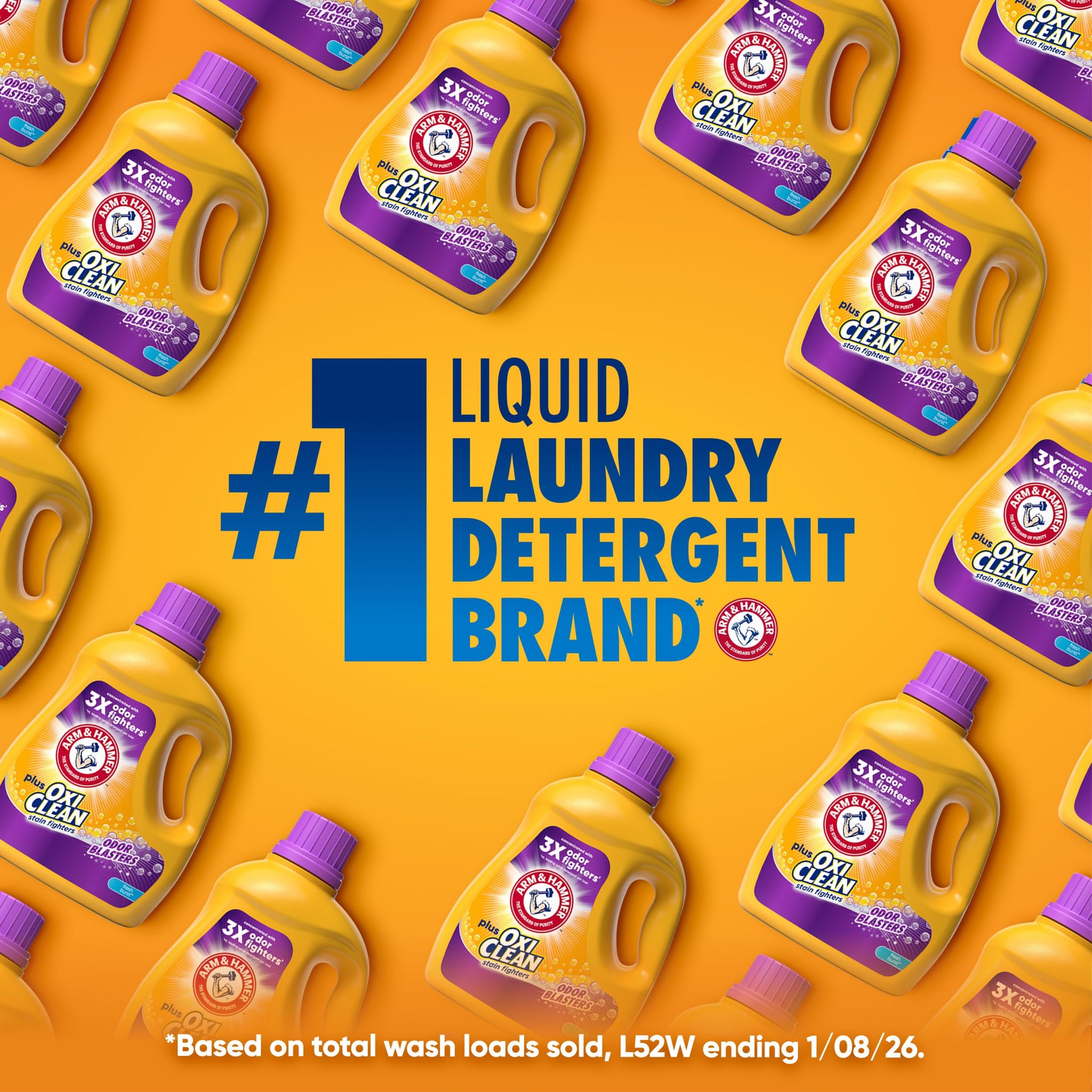 ARM & HAMMER Plus OxiClean with Odor Blasters Liquid Laundry Detergent, Laundry Odor Remover, Attacks Stains, Fresh Burst Scent, 122 Loads, 158.6 Fl