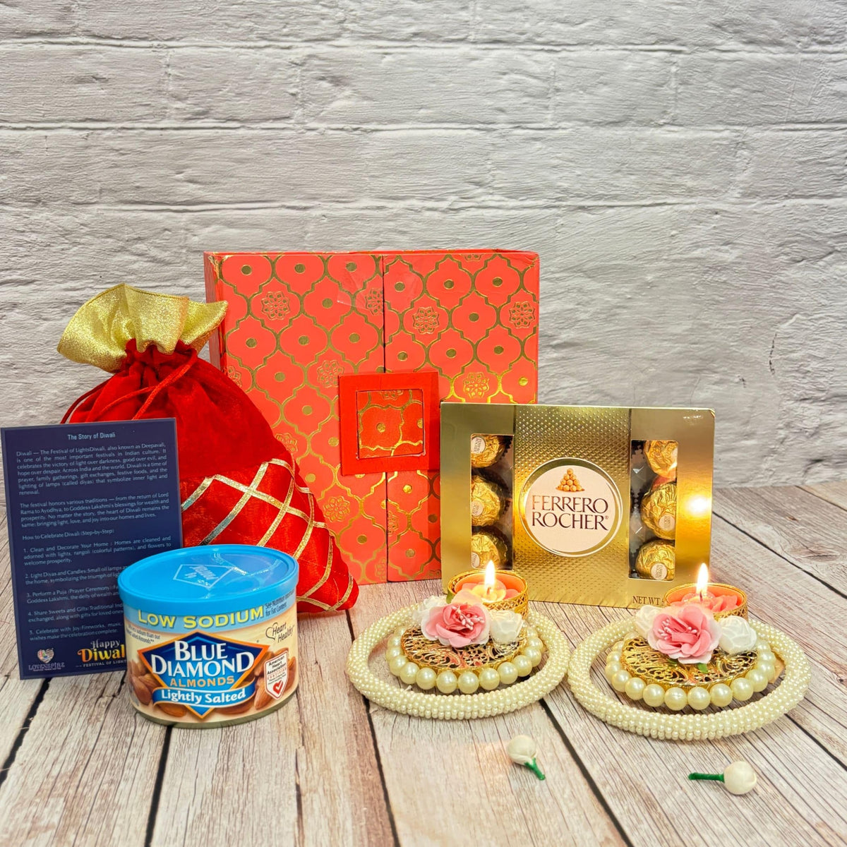 LoveNspire Diwali Gift Hamper Indian Festival Premium Deepawali Return Gift Box with Potli Bags Lotus Pearl Candle Holder Almonds Chocolates