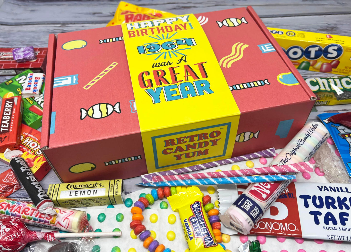 RETRO CANDY YUM ~ 1964 62nd Birthday Gift Box Nostalgic Candy Assortment from Childhood for 62 Year Old Man or Woman Born 1964 Jr