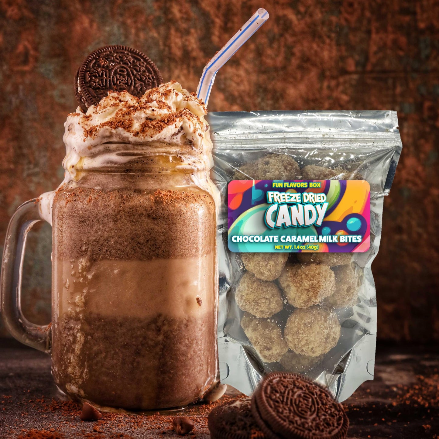 Freeze Dried Candy Chocolate Caramel Milk Bites Crunchy Treats - Space Theme Party Favor Gift Idea, 1.4 oz