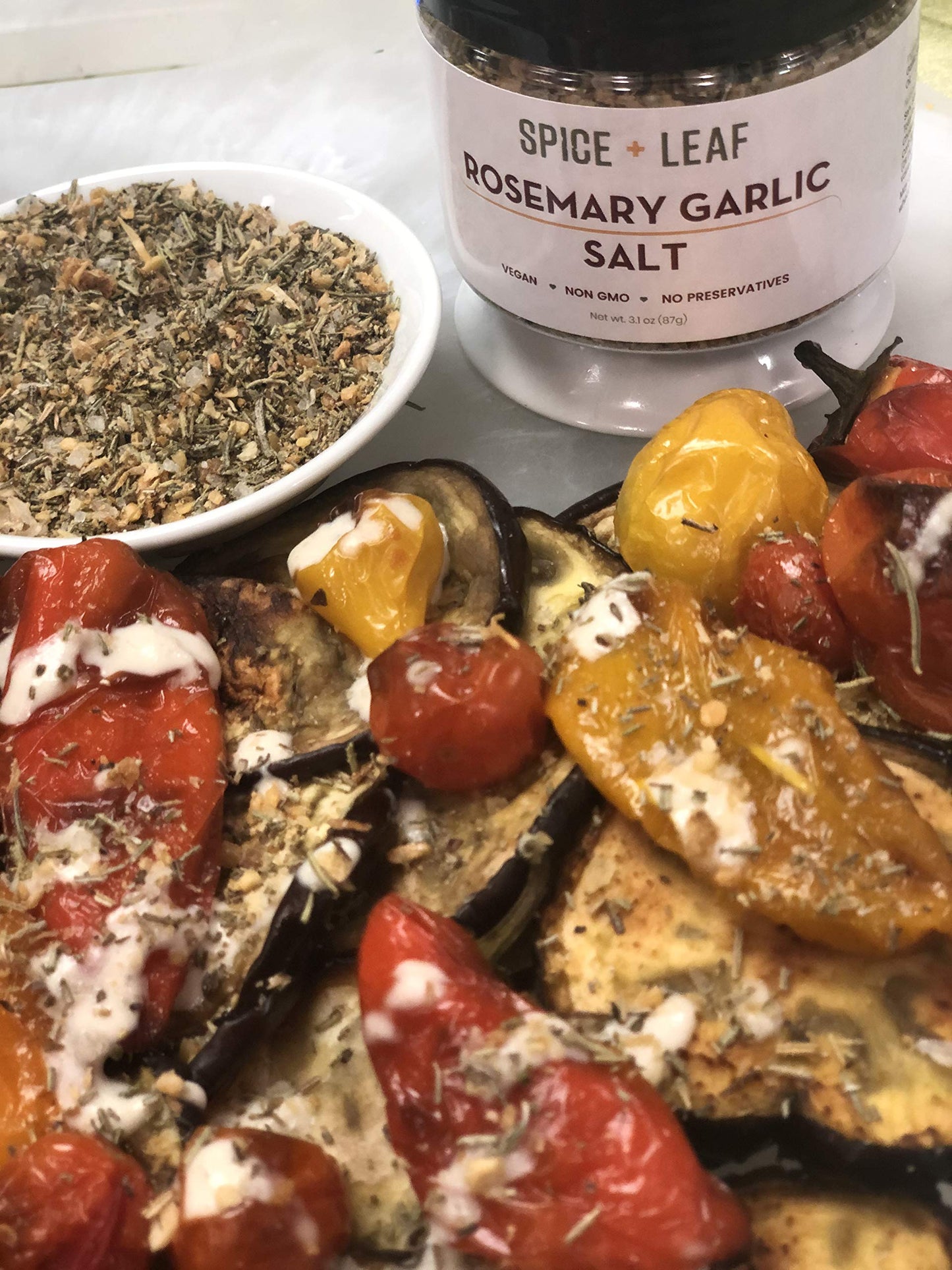 Premium Rosemary Garlic Salt by Spice + Leaf - Vegan Kosher and No Preservatives Spice Blend Used to Make Roasted Potatoes, Brussel Sprouts