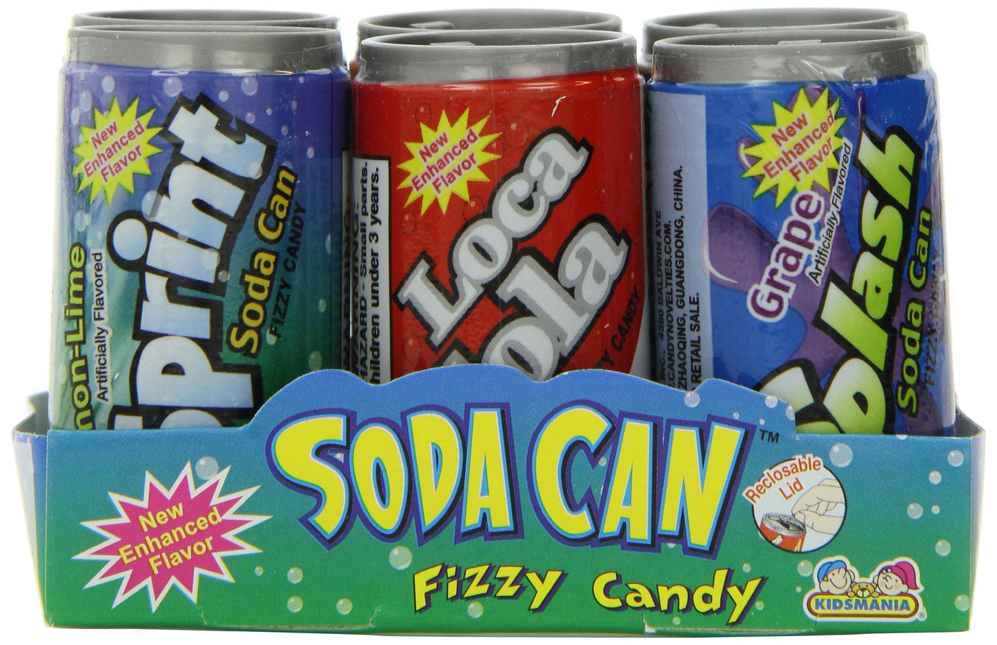 Kidsmania Soda Can Fizz Candy Variety Pack: Sprint Lemon Lime, Loca Cola, Crash Orange, Splash Grape - 0.25 Ounce, 72-Pack