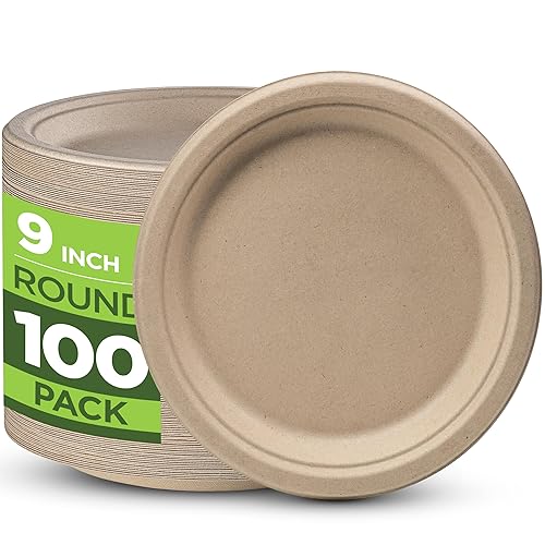 100% Compostable Paper Plates Heavy Duty - 100 Pack Biodegradable Disposable Plates - 9” Brown Disposable Dinner Plates Made of Eco-Friendly, Natural