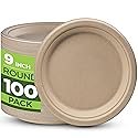 100% Compostable Paper Plates Heavy Duty - 100 Pack Biodegradable Disposable Plates - 9” Brown Disposable Dinner Plates Made of Eco-Friendly, Natural