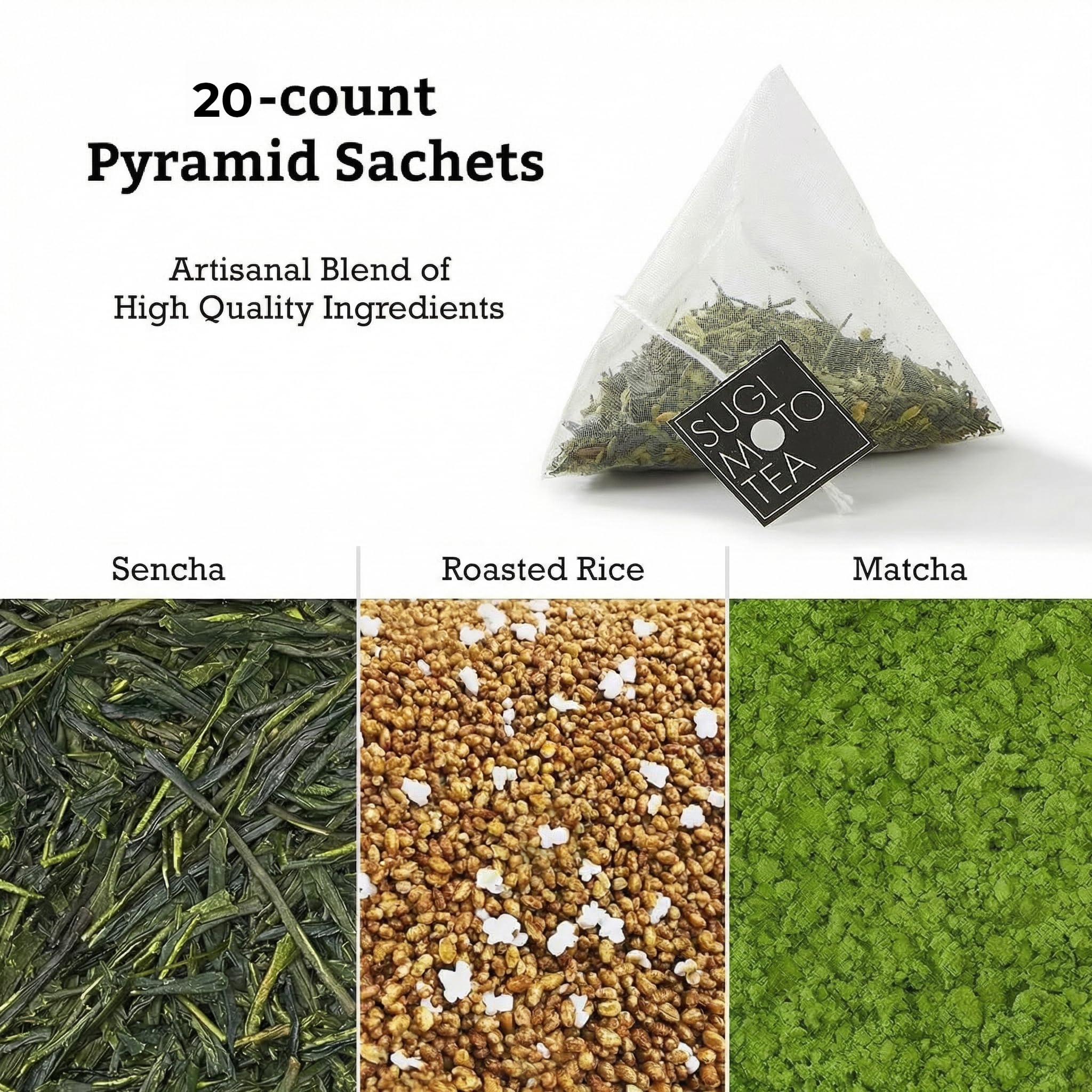 SUGIMOTO TEA Japanese Genmaicha with Matcha Green Tea Bags 20 Count