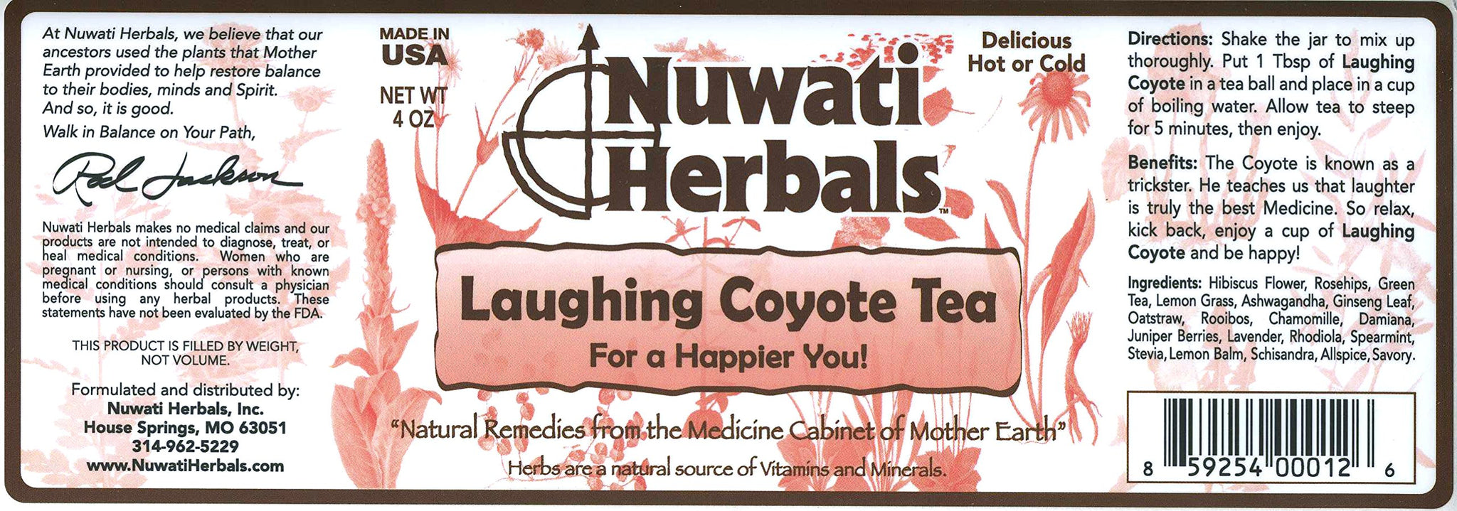 Nuwati Herbals Laughing Coyote Tea for a Happier You, Delicious Blend of Hibiscus, RoseHips, Green Tea Leaves and more for Relaxation, Loose Tea, 4