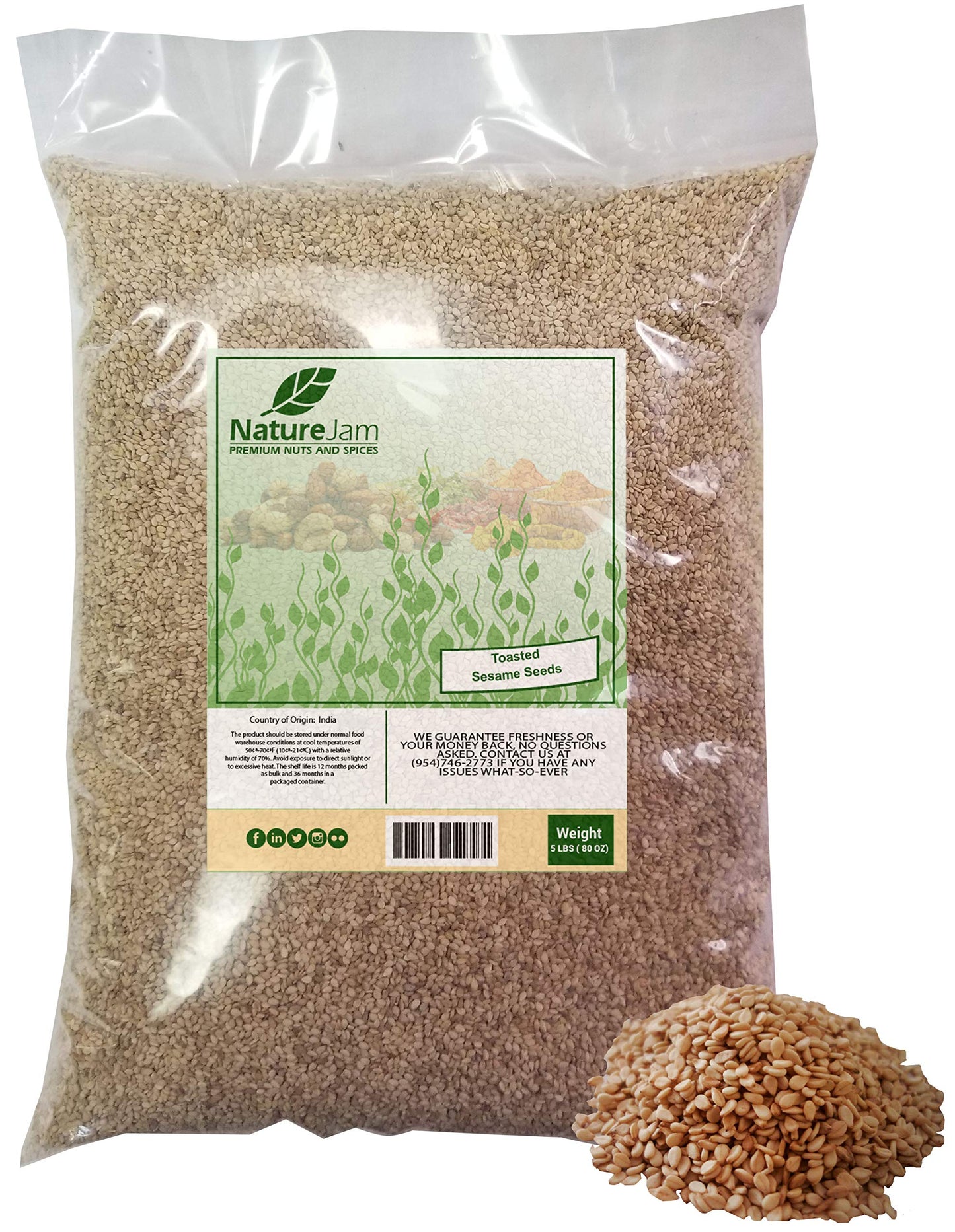 Toasted Sesame Seeds Natural 5 Pounds Bulk Bag-Heat Sealed for Freshness