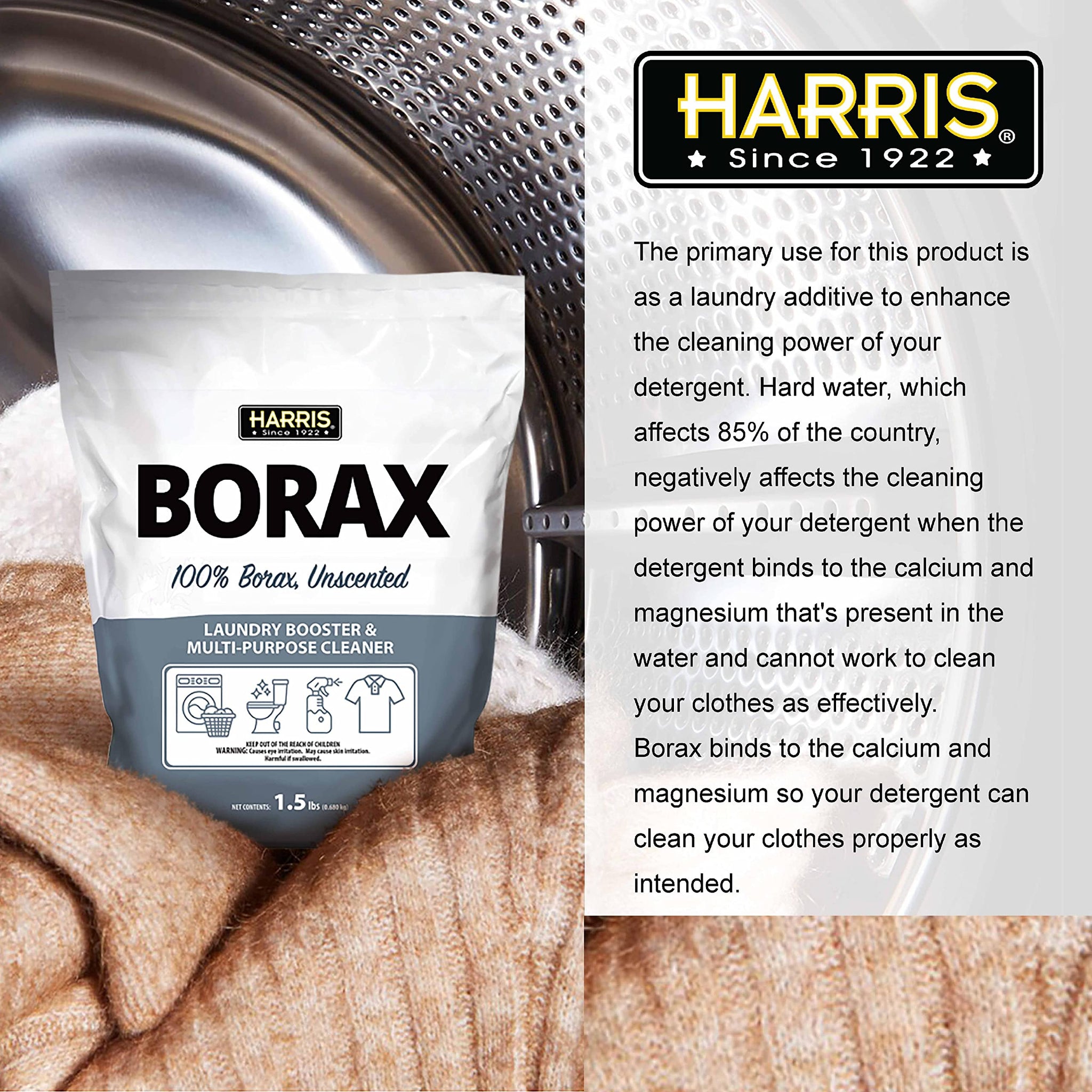 Harris Borax Powder Hard Water Laundry Booster and Powerful Multi-Purpose Cleaner, 1.5lb (Unscented)