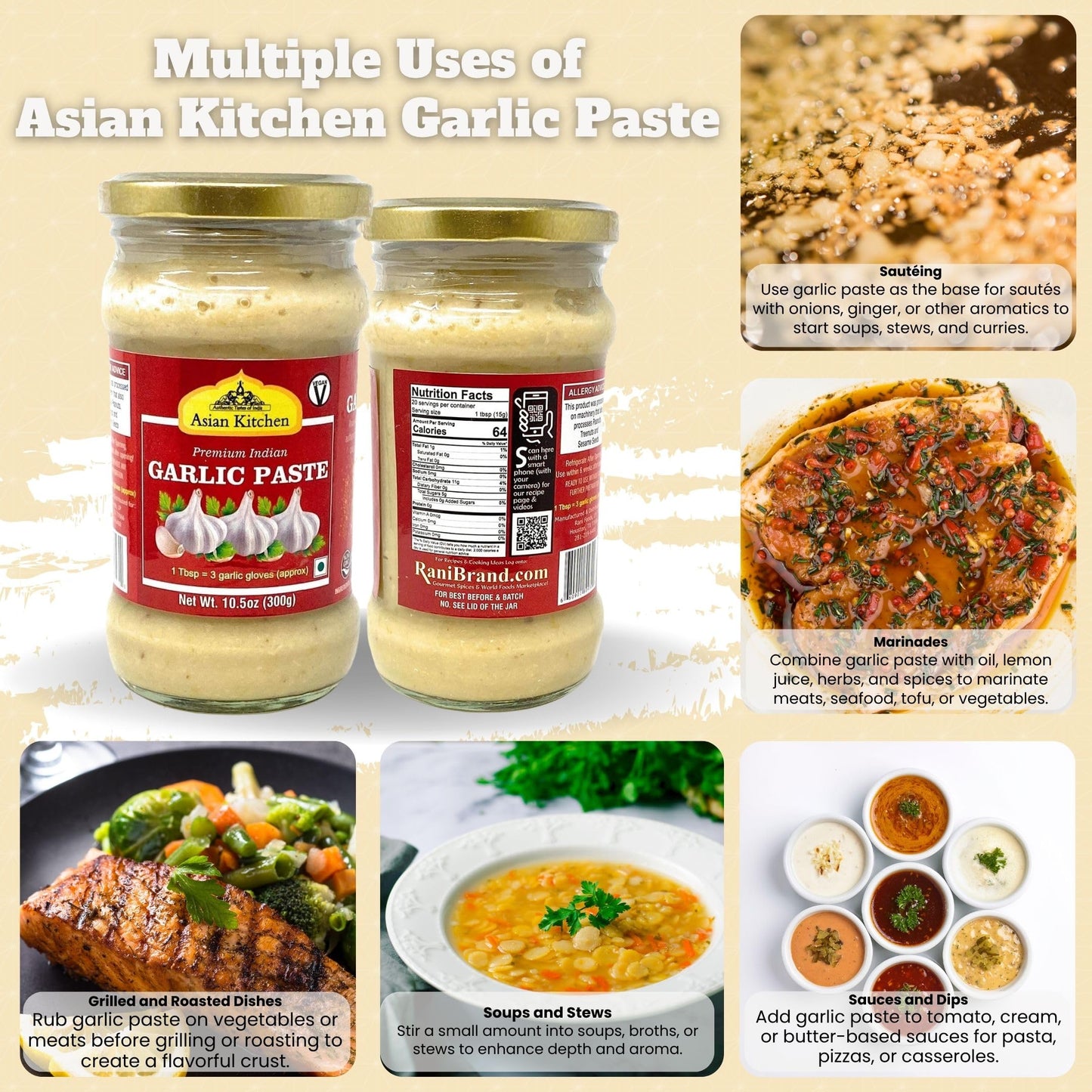Asian Kitchen Garlic Cooking Paste 10.5oz (300g) Glass Jar ~ Vegan | Gluten Free | NON-GMO | No Colors | Indian Origin