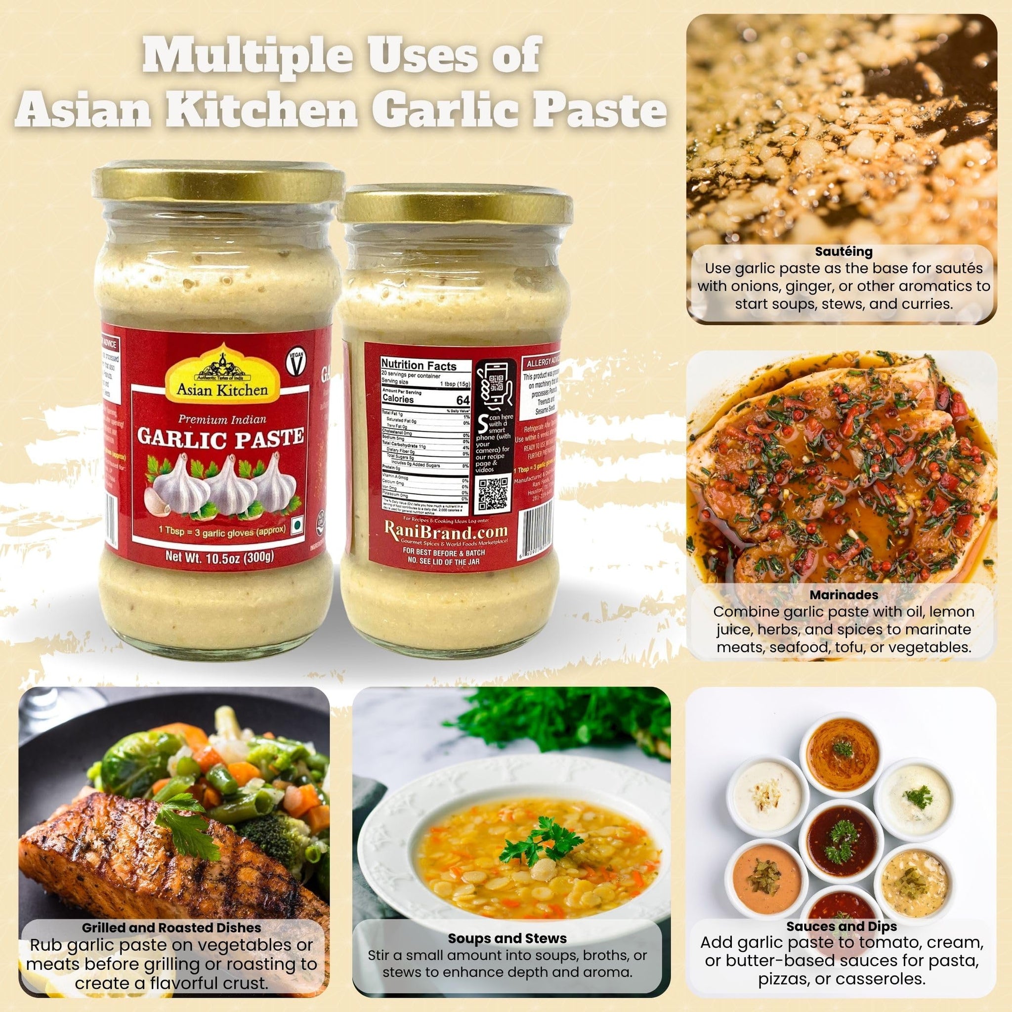 Asian Kitchen Garlic Cooking Paste 10.5oz (300g) Glass Jar ~ Vegan | Gluten Free | NON-GMO | No Colors | Indian Origin