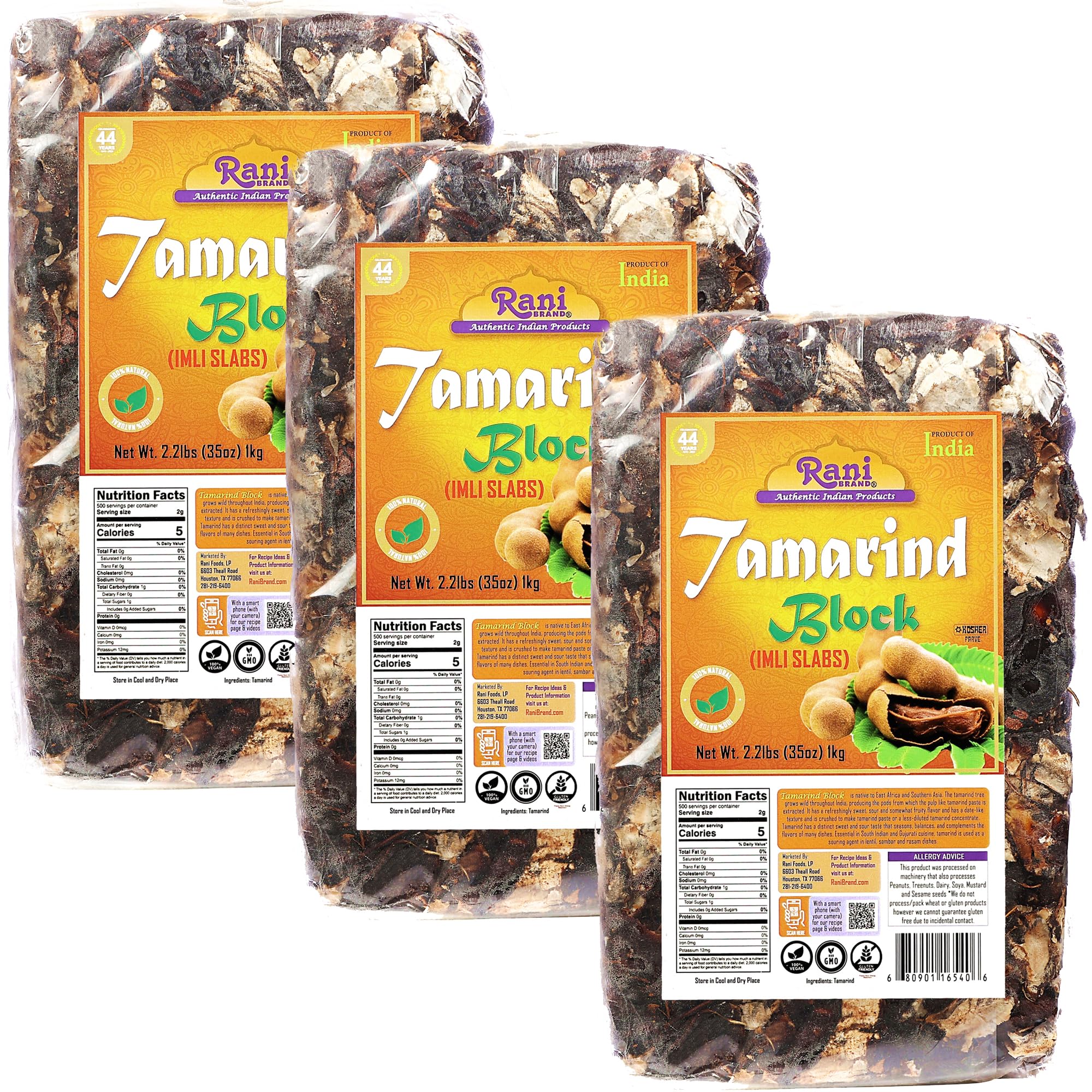 Rani Tamarind Block (Imli Slab) 35oz (2.2lbs) 1kg, Pack of 3 ~ All Natural | No added sugar | Vegan | Gluten Friendly | NON-GMO | Kosher | Indian