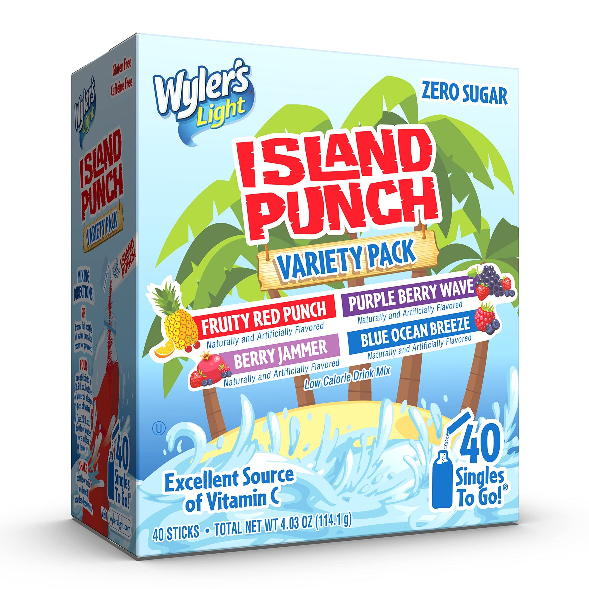 Wyler's Light Island Punch Singles to Go, Variety Pack, Fruity Red Punch, Purple Berry Wave, Berry Jammer and Blue Ocean Breeze, 1 Box (40 Single