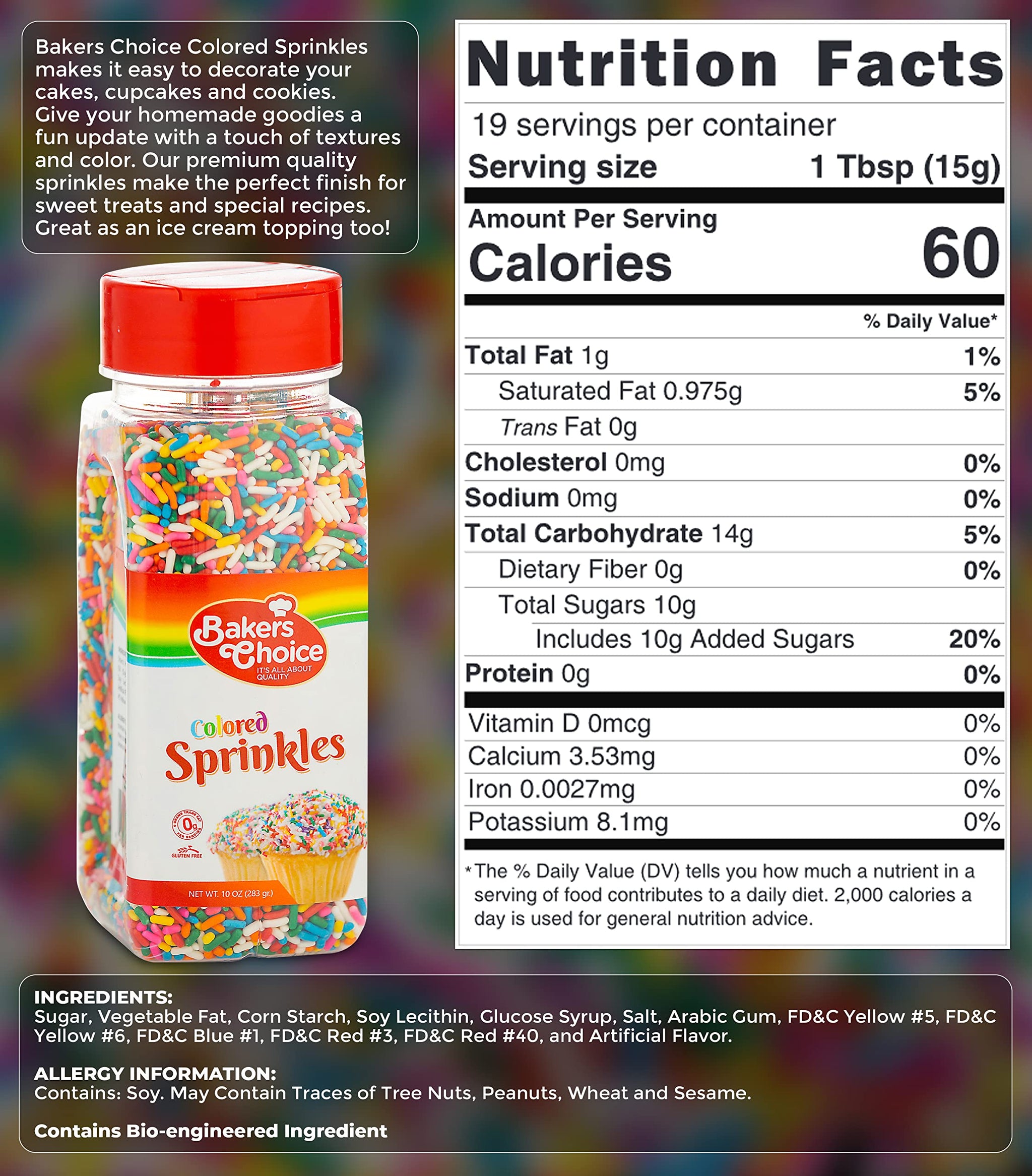 Bakers Choice Rainbow Sprinkles for Baking - Rainbow Jimmies Sprinkles for Ice Cream Toppings - Dairy Free, Kosher 10 Ounce