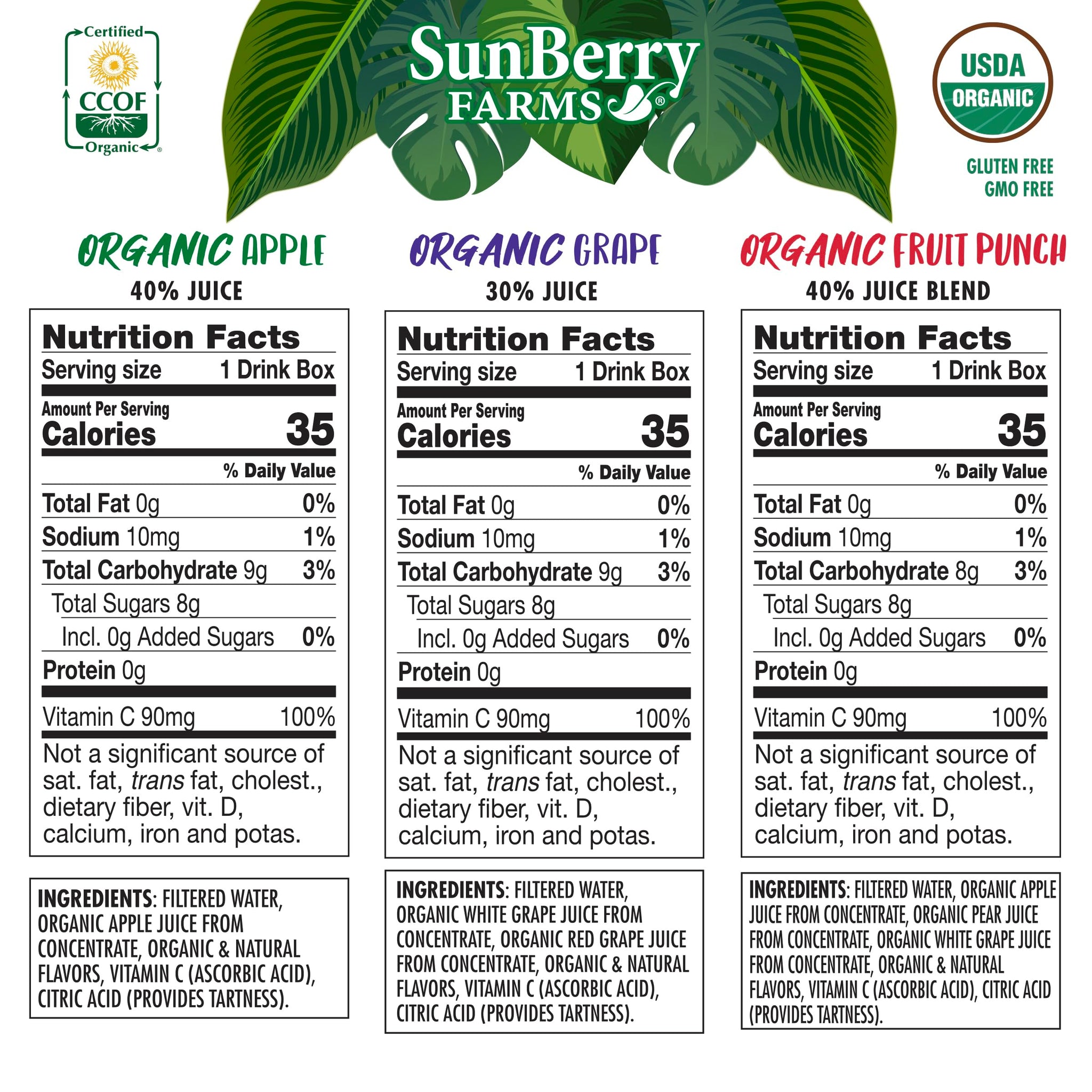 Sunberry Farms Organic Variety Pack Juice Boxes 6.75 fl oz (36 Pack) | Apple, Fruit Punch & Grape | USDA Organic Kids Drinks | No Artificial Flavors