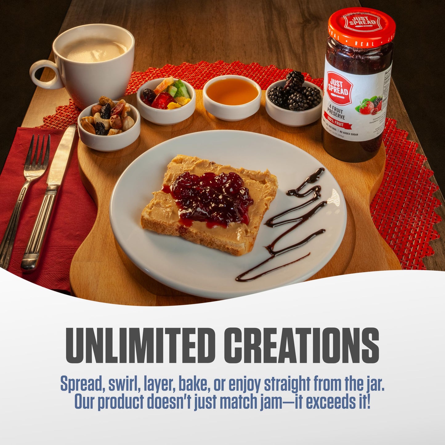 Just Spread 100% Fruit Preserve | Made with Real Fruit Pieces & Only 4 Ingredients | Gluten Free, Vegan, Non GMO, No Added Sugar | 10oz Jar (4 Flavor