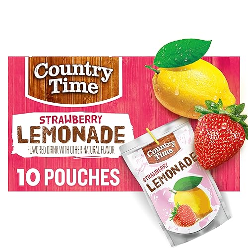 Country Time Ready to Drink Flavored with Other Natural Flavor Drink, 10 Pouches, for School Lunches and On-the-Go Hydration, Strawberry Lemonade, No