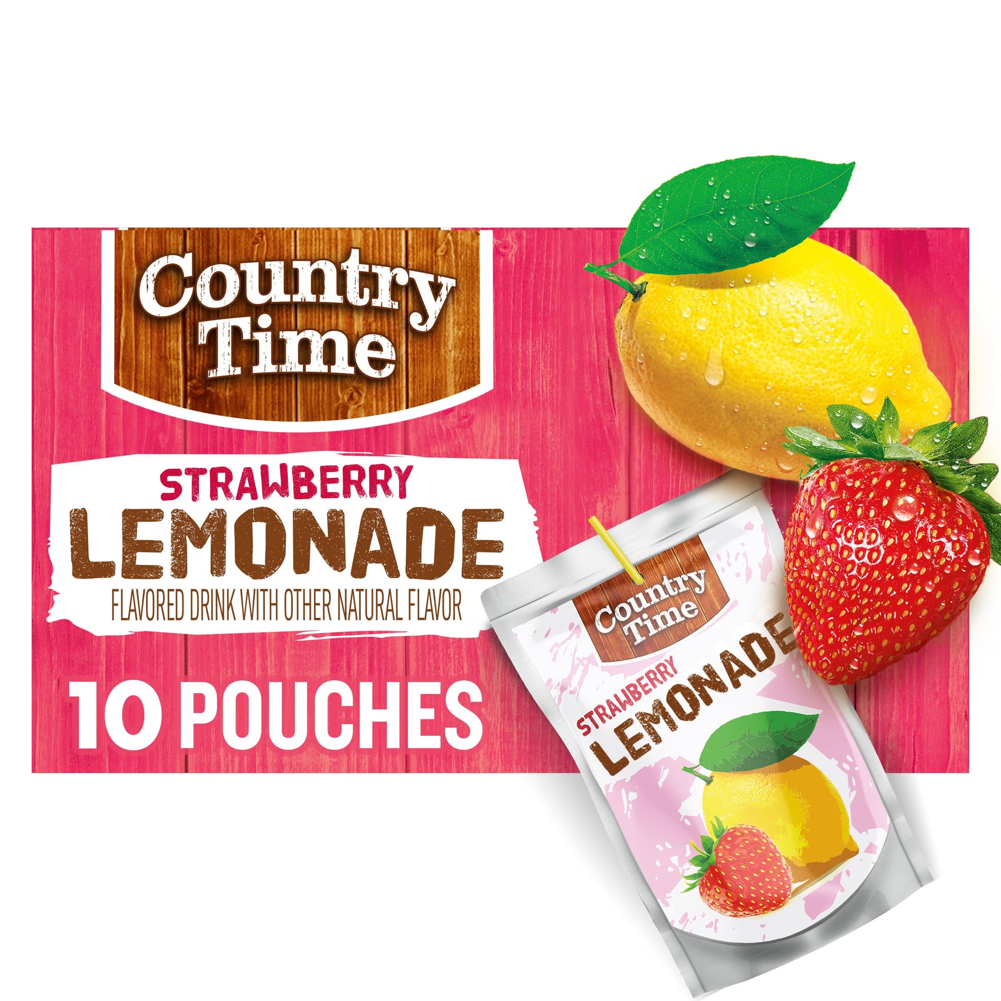 Country Time Ready to Drink Flavored with Other Natural Flavor Drink, 10 Pouches, for School Lunches and On-the-Go Hydration, Strawberry Lemonade, No