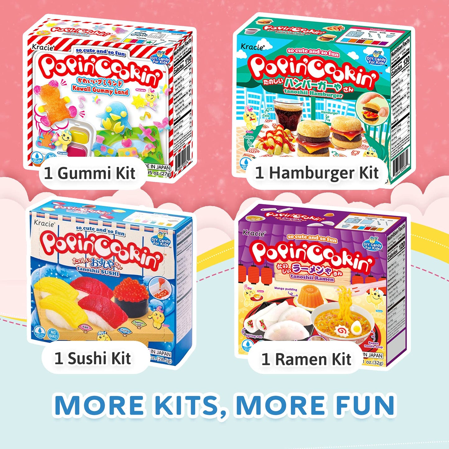 K-Munchies Kracie Popin Cookin Kits - 4 Pack Assorted Japanese Candy Making Kit Bundle - DIY Ramen, Hamburger, Gummi Land, Sushi Candy Poppin Cookin