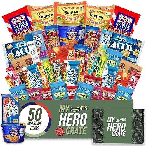 My Hero Crate Microwave Military Care Package - 50 Pcs Variety Gift Basket - Snack Variety Box Pack with Ramen, Candy, Pop Tarts, Nuts, Skittles
