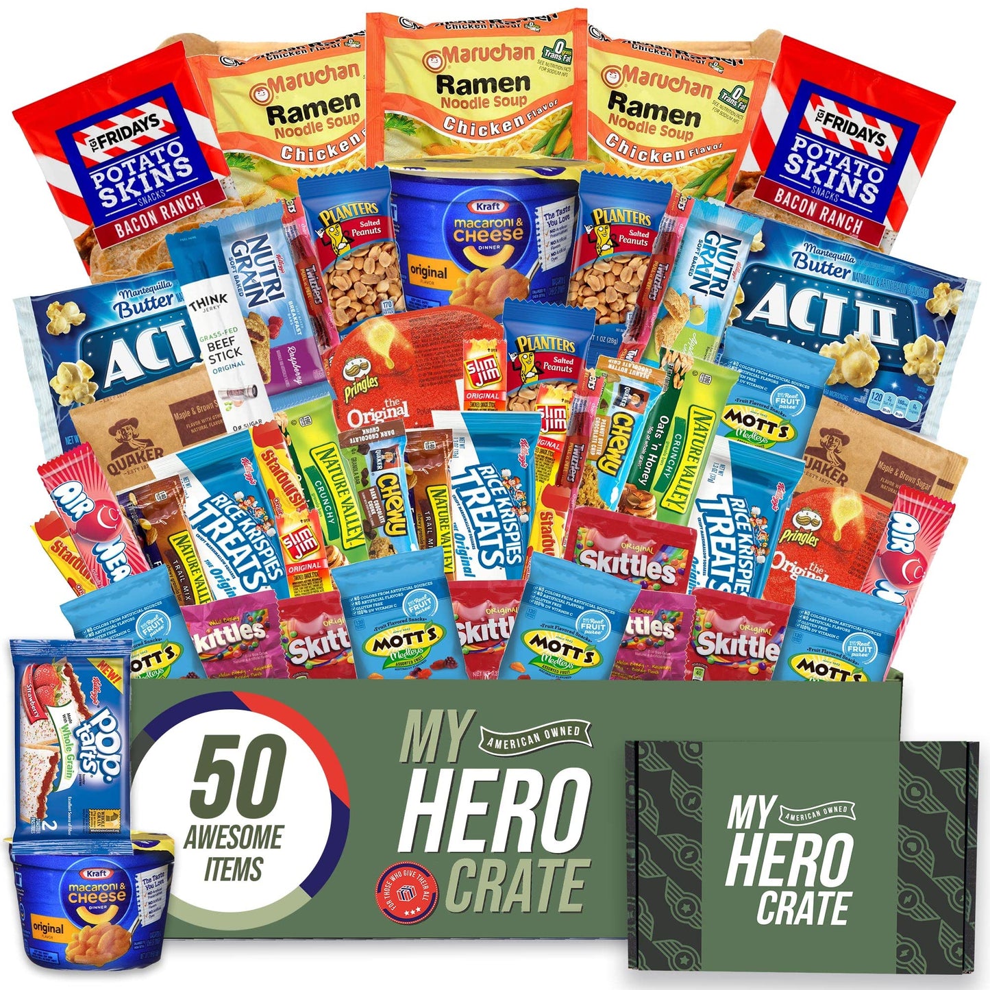 My Hero Crate Microwave Military Care Package - 50 Pcs Variety Gift Basket - Snack Variety Box Pack with Ramen, Candy, Pop Tarts, Nuts, Skittles