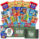 My Hero Crate Microwave Military Care Package - 50 Pcs Variety Gift Basket - Snack Variety Box Pack with Ramen, Candy, Pop Tarts, Nuts, Skittles
